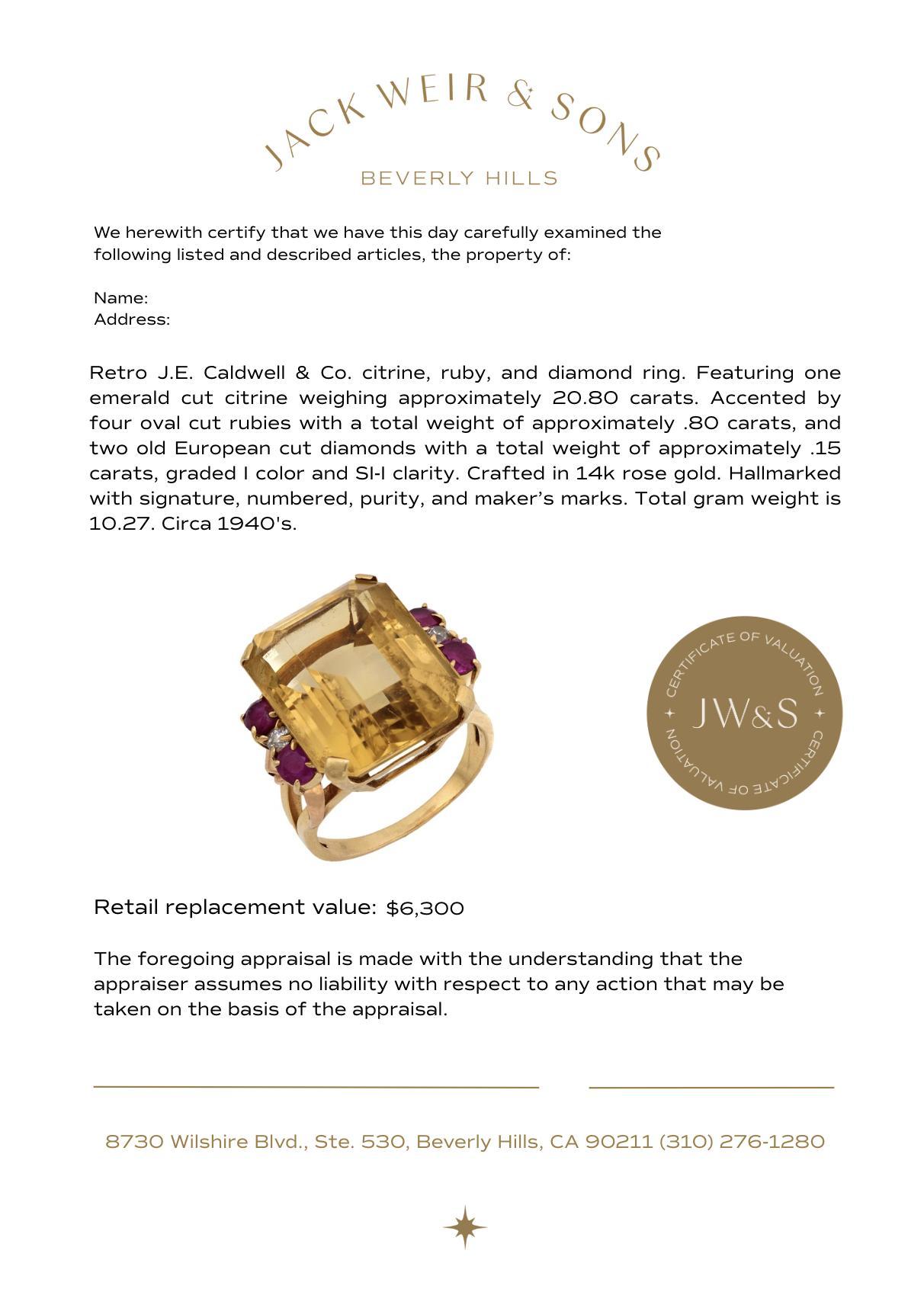 De las mujeres J.E. Anillo de cóctel Caldwell 20,80 quilates citrino rubí diamante oro rosa 14k en venta