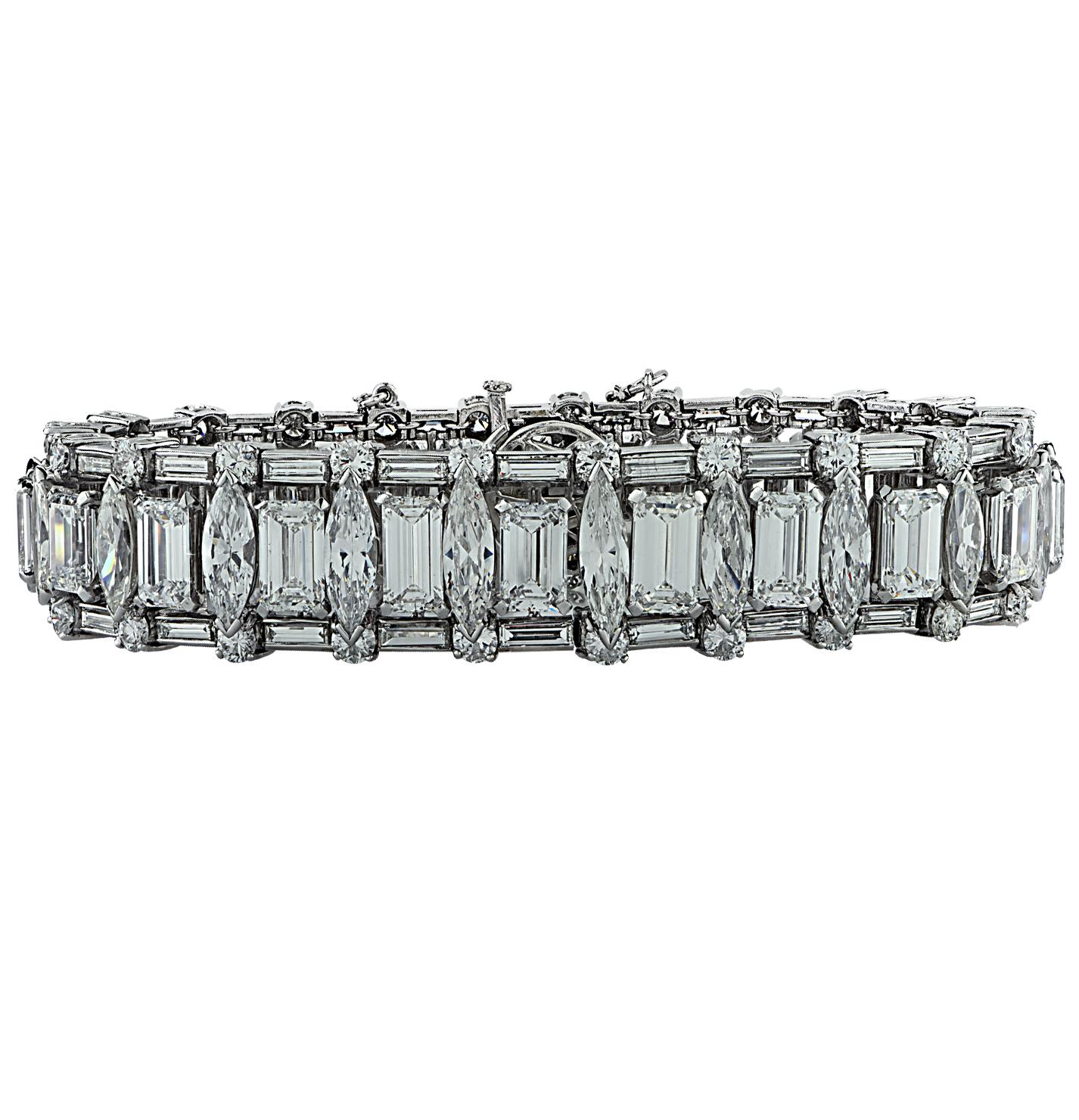Spectacular J.E. Caldwell diamond bracelet crafted in platinum, featuring 132 mixed cut diamonds weighing approximately 45 carats total, F-I color, VS clarity.  22 emerald cut diamonds weighing approximately 22 carats total, F-G color VS clarity,