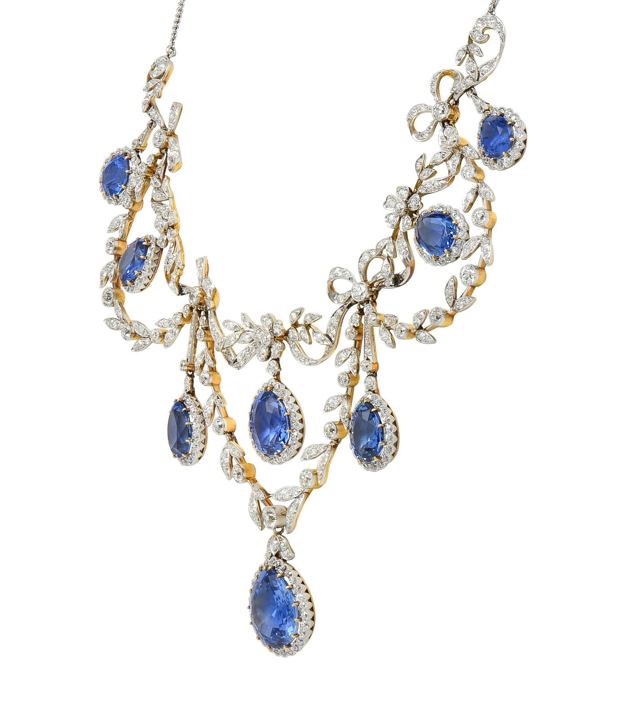 Belle Époque J.E. Caldwell, collier ancien en or 18 carats avec saphirs, diamants et platine 52,12 carats en vente
