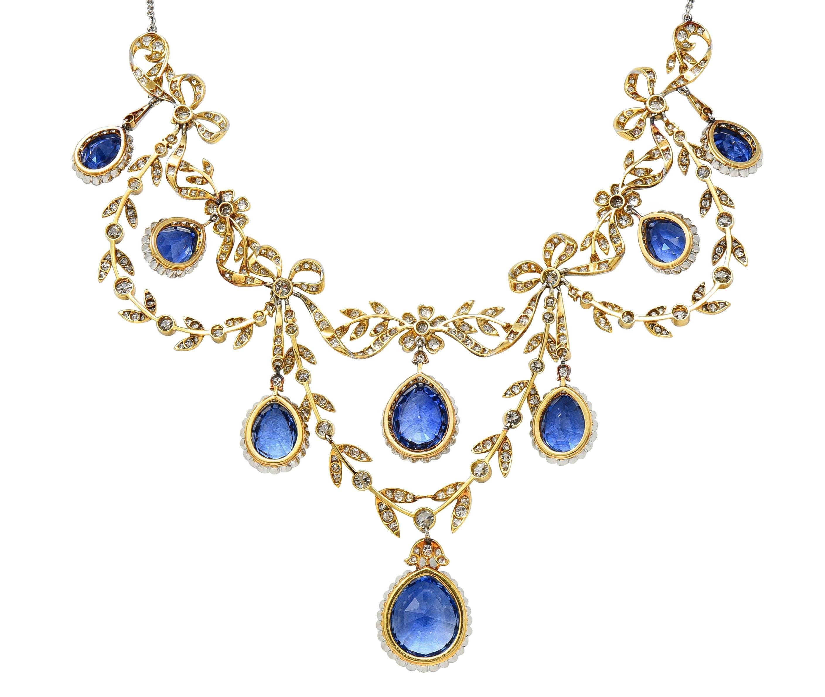 Taille vieille Europe J.E. Caldwell, collier ancien en or 18 carats avec saphirs, diamants et platine 52,12 carats en vente