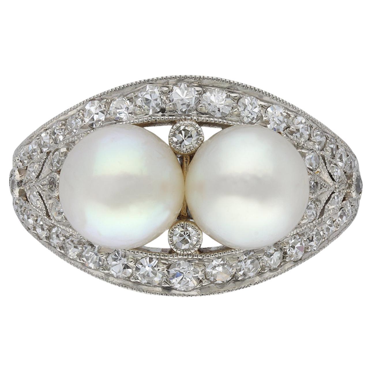 J.E. Caldwell Antique Natural Pearl and Diamond Two Stone Ring, American, circa For Sale
