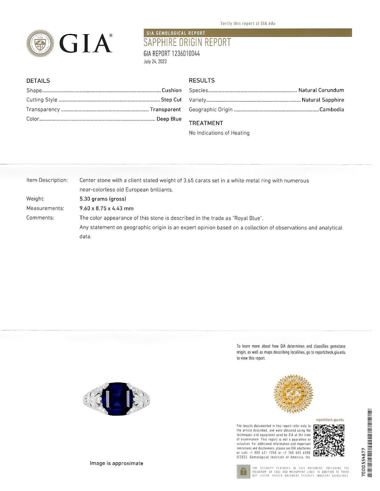 J.E. Caldwell Art Deco Platinring mit 3,90 Karat unbehandeltem Saphir und Diamant, GIA 6