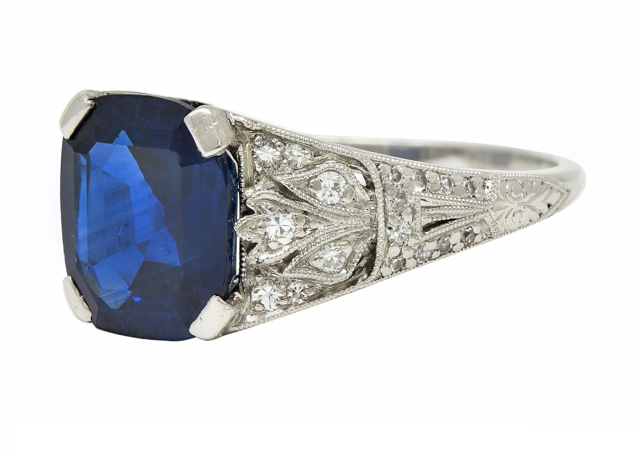 J.E. Caldwell Art Deco Platinring mit 3,90 Karat unbehandeltem Saphir und Diamant, GIA im Zustand „Hervorragend“ in Philadelphia, PA