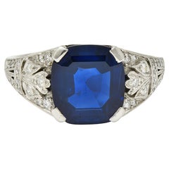 J.E. Caldwell Art Deco 3.90 CTW No Heat Sapphire Diamond Platinum Ring GIA