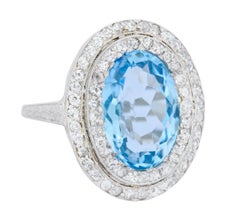 J.E. Caldwell Art Deco 6.40 Carat Aquamarine Diamond Halo Platinum Cluster Ring