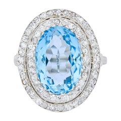 Vintage J.E. Caldwell Art Deco 6.40 Carat Aquamarine Diamond Halo Platinum Cluster Ring