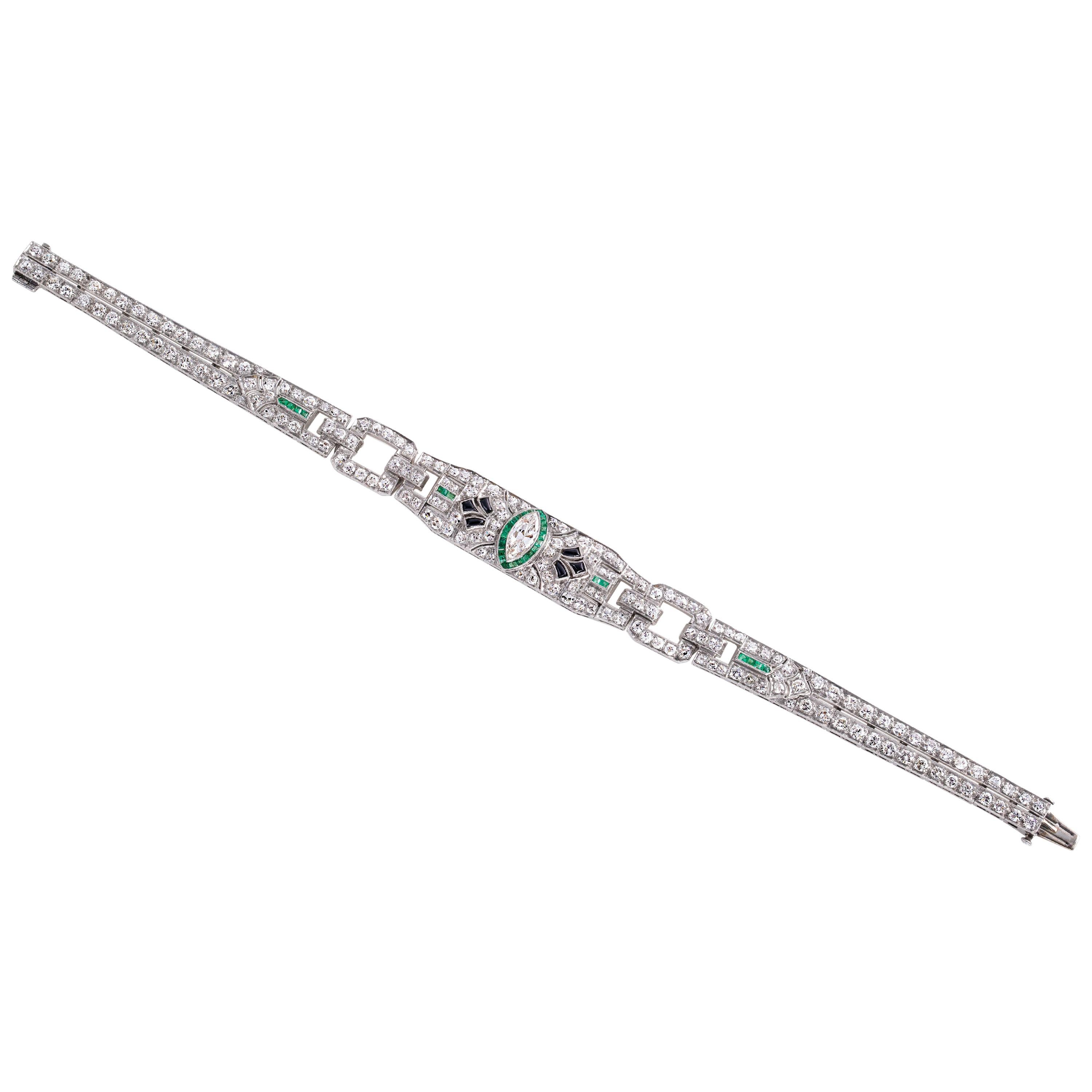 J.E. Caldwell Art Deco 6.60 Carat Diamond, Emerald and Onyx Platinum Bracelet