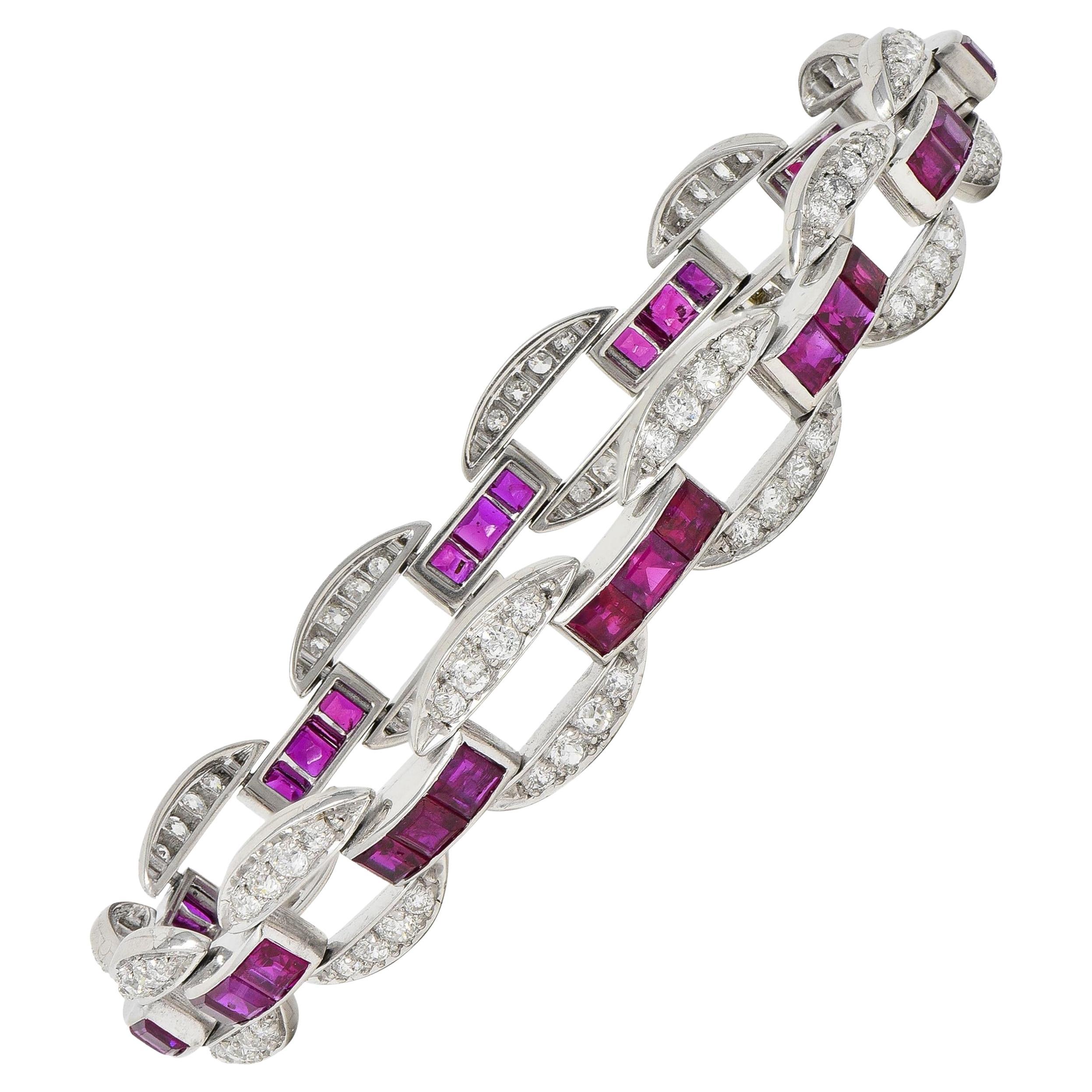 J.E. Caldwell Art Deco 7.80 CTW Ruby Diamond Platinum Vintage Link Bracelet