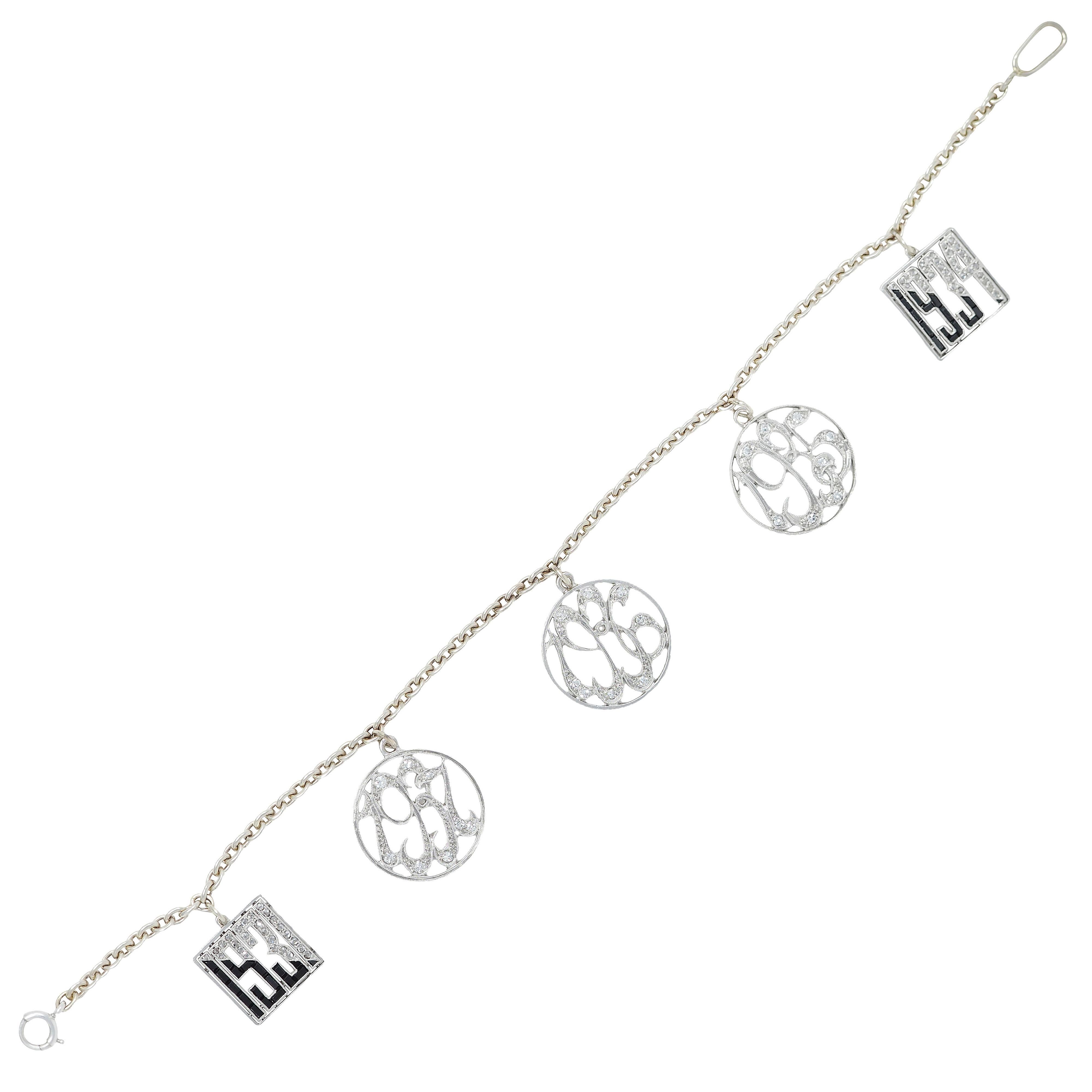 Art Déco JE Caldwell Art Deco Bracciale con diamante e onice in platino e oro 14 carati con data vintage in vendita