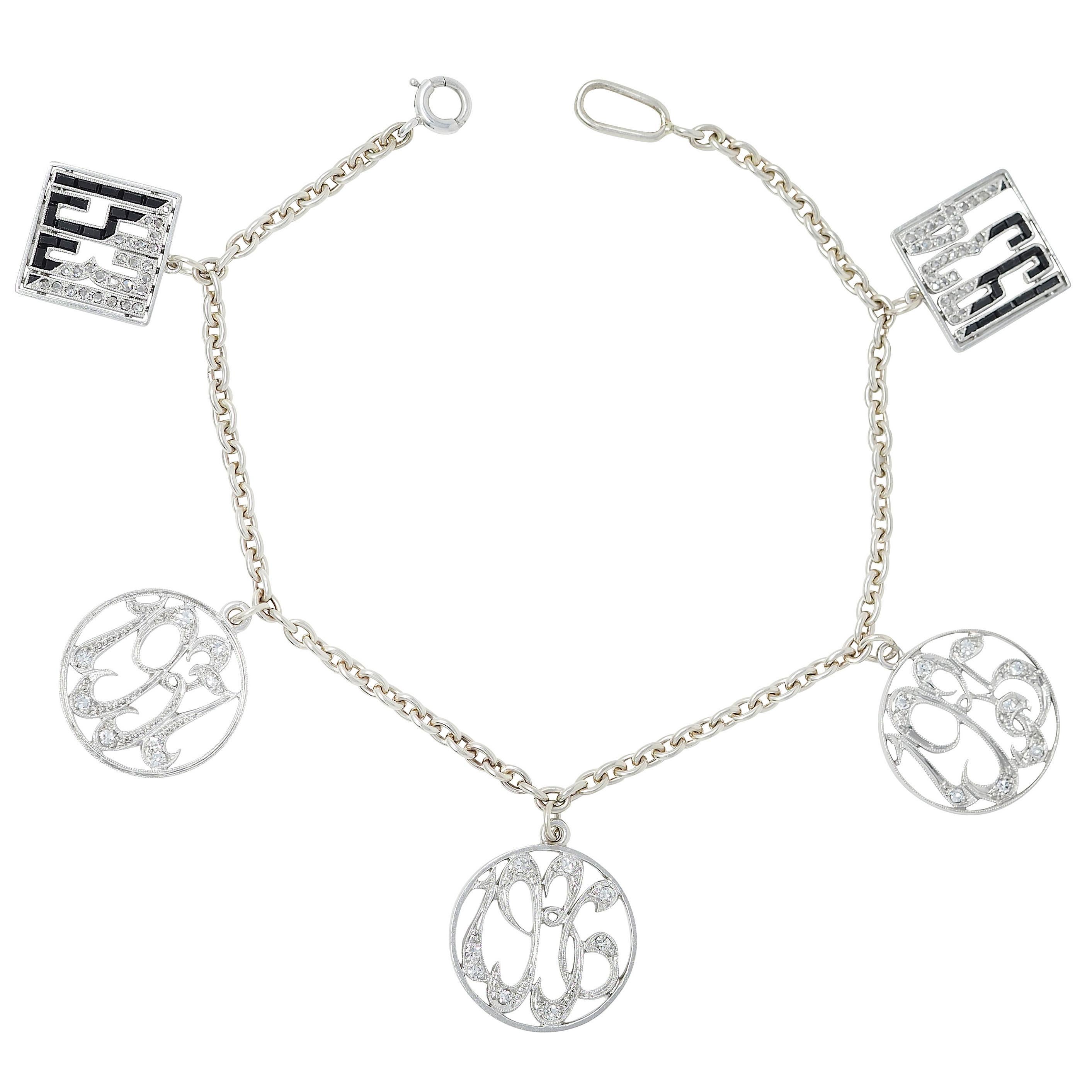 JE Caldwell Art Deco Bracciale con diamante e onice in platino e oro 14 carati con data vintage in vendita