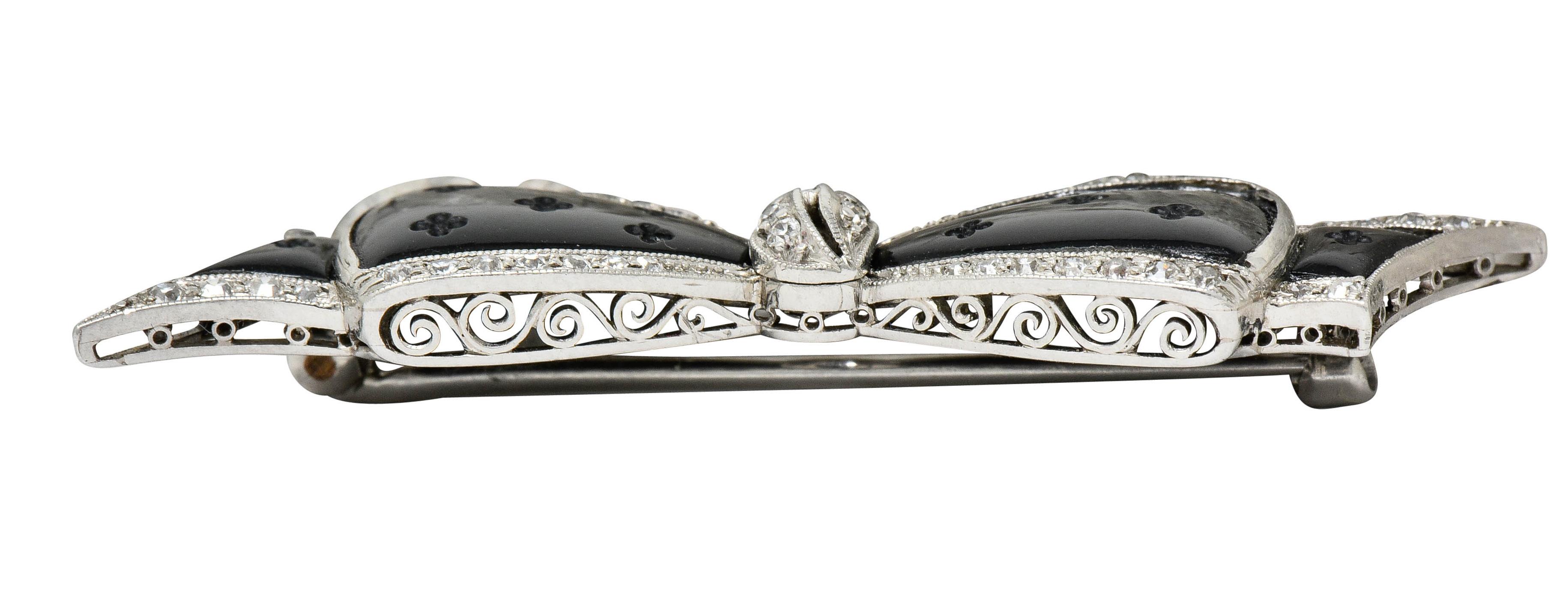J.E. Caldwell Art Deco Diamond Onyx Platinum Bow Brooch 1