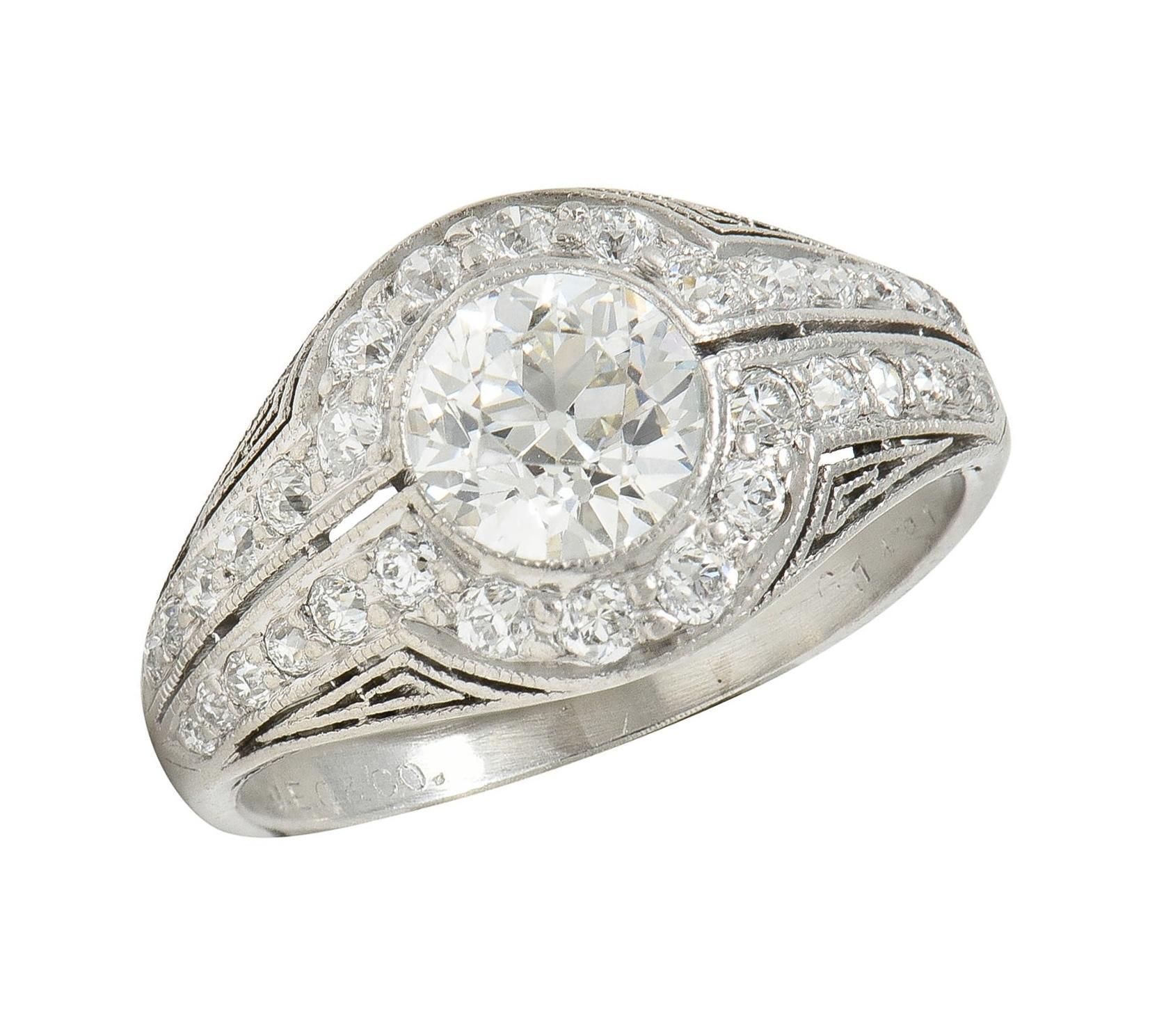 J.E. Caldwell Art Deco Diamond Platinum Greek Key Antique Bombé Engagement Ring For Sale 5