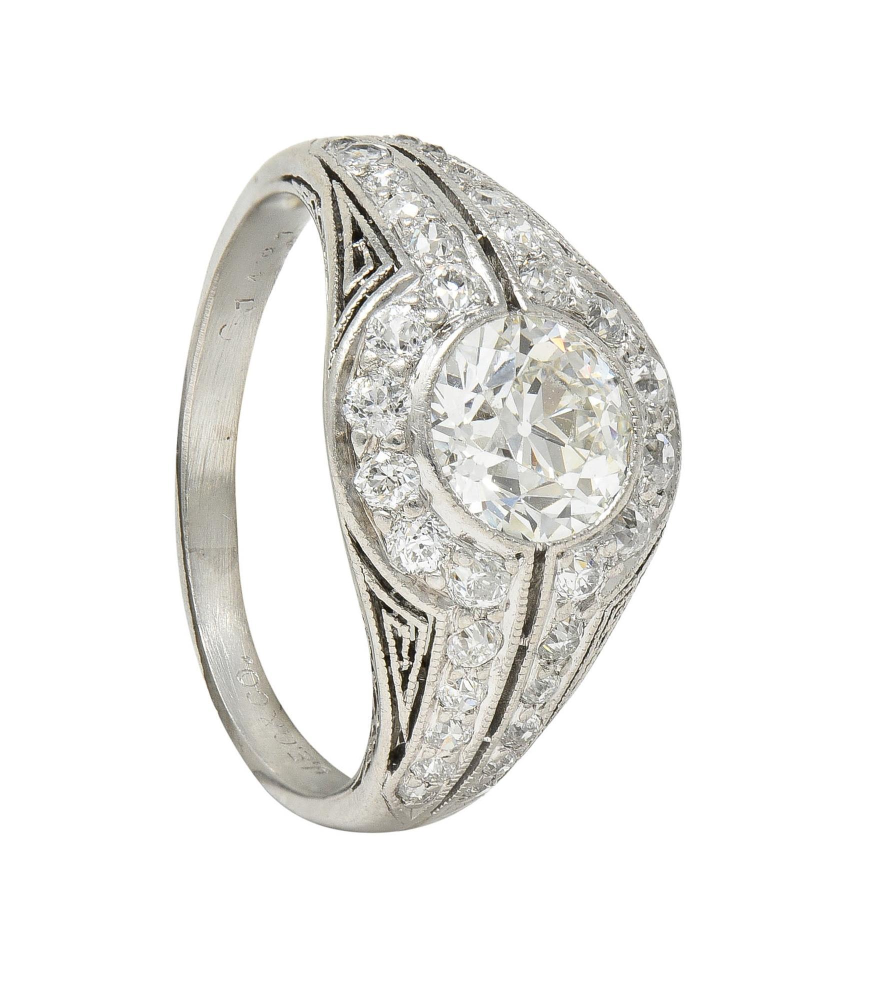 J.E. Caldwell Art Deco Diamond Platinum Greek Key Antique Bombé Engagement Ring For Sale 7