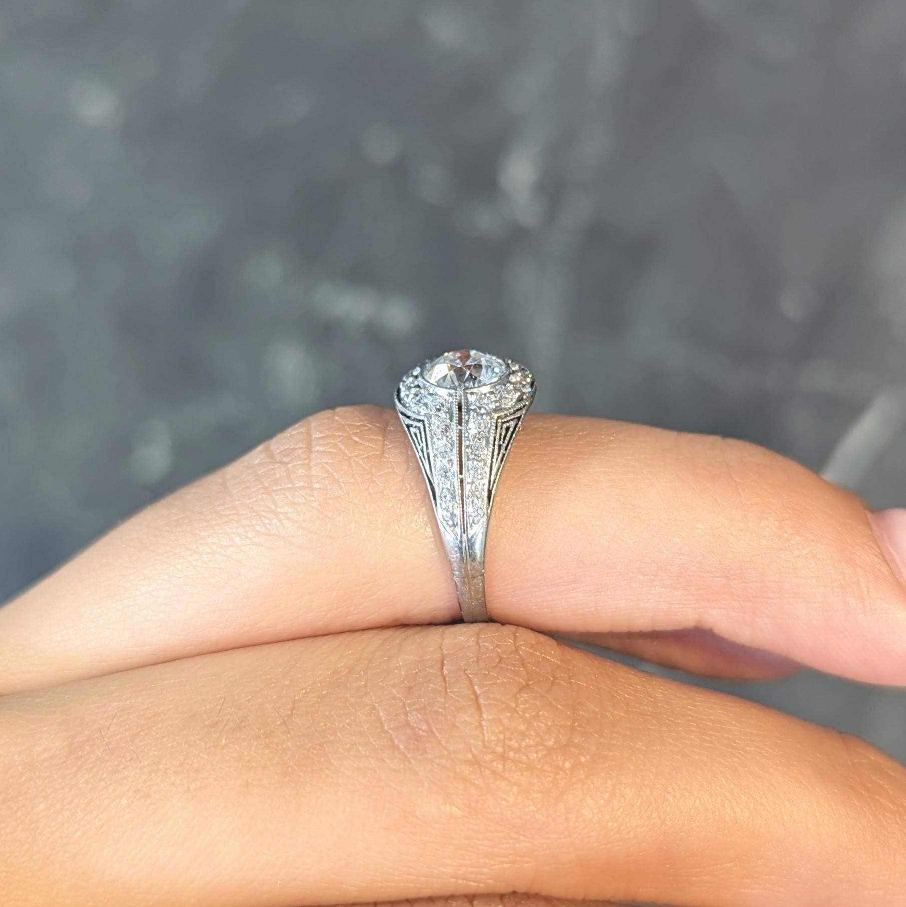 J.E. Caldwell Art Deco Diamond Platinum Greek Key Antique Bombé Engagement Ring For Sale 9
