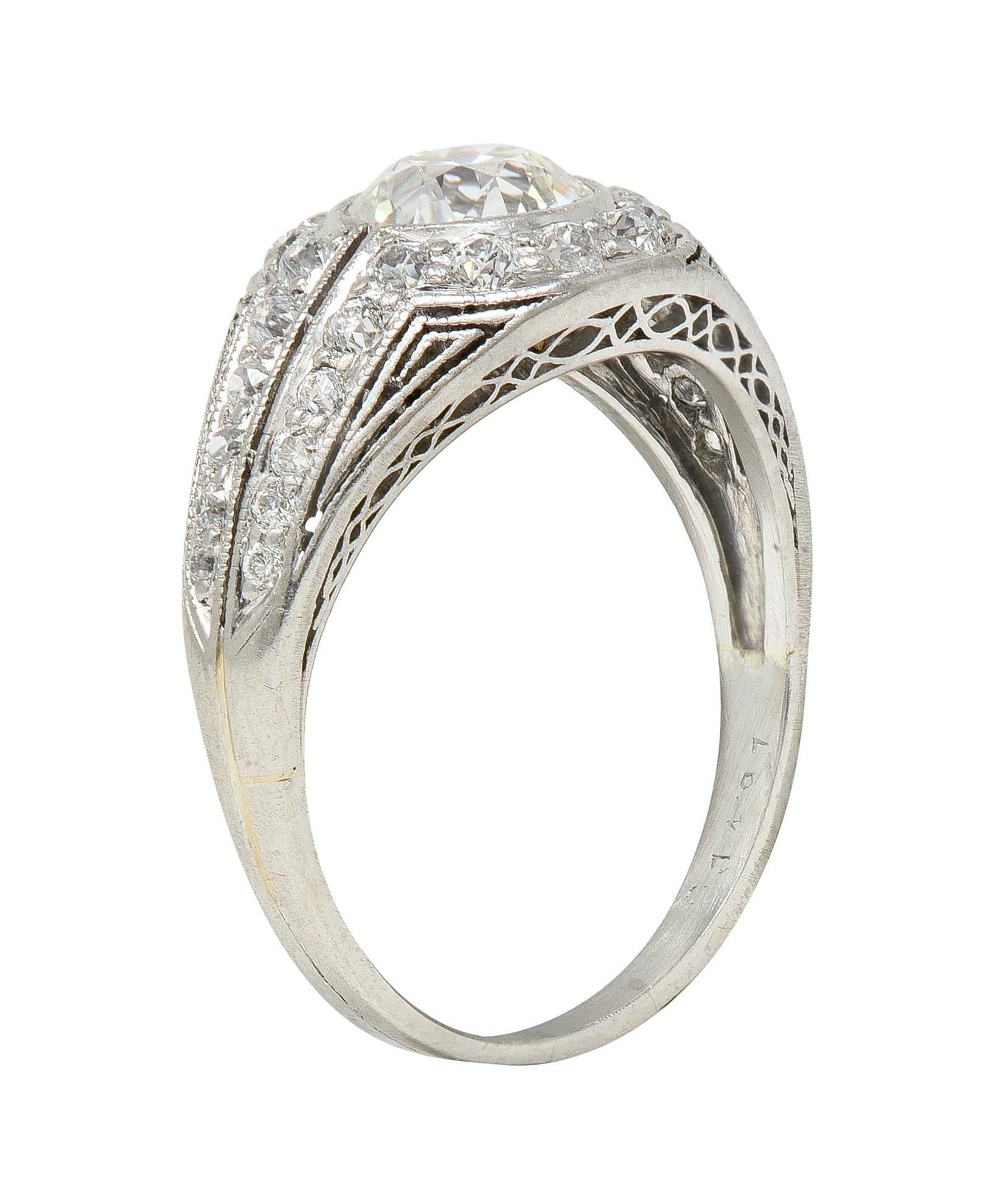 J.E. Caldwell Art Deco Diamond Platinum Greek Key Antique Bombé Engagement Ring In Excellent Condition For Sale In Philadelphia, PA