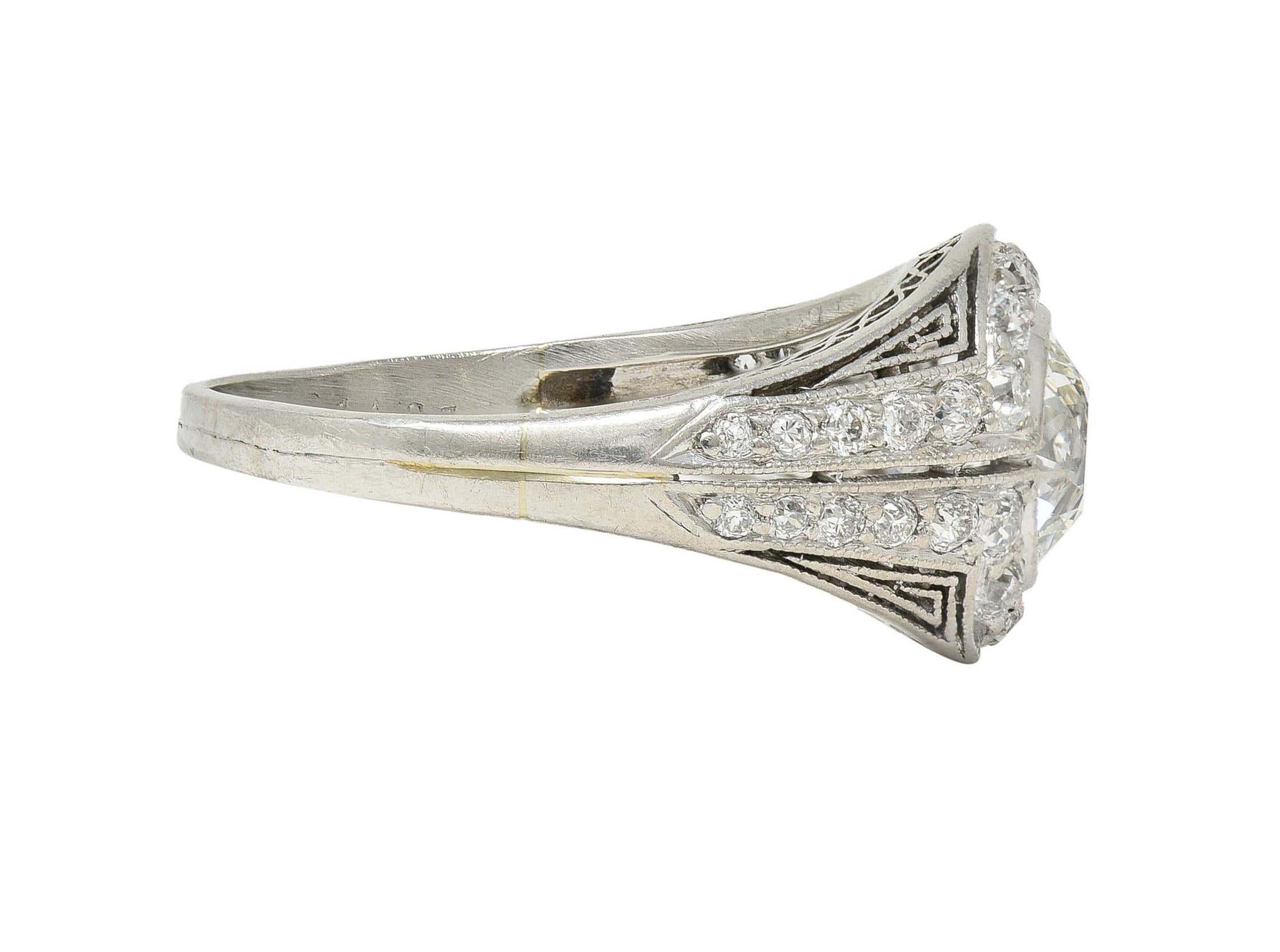 Women's J.E. Caldwell Art Deco Diamond Platinum Greek Key Antique Bombé Engagement Ring For Sale