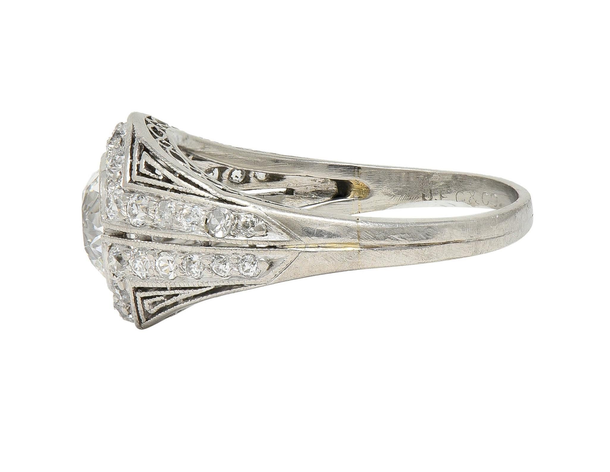 J.E. Caldwell Art Deco Diamond Platinum Greek Key Antique Bombé Engagement Ring For Sale 2