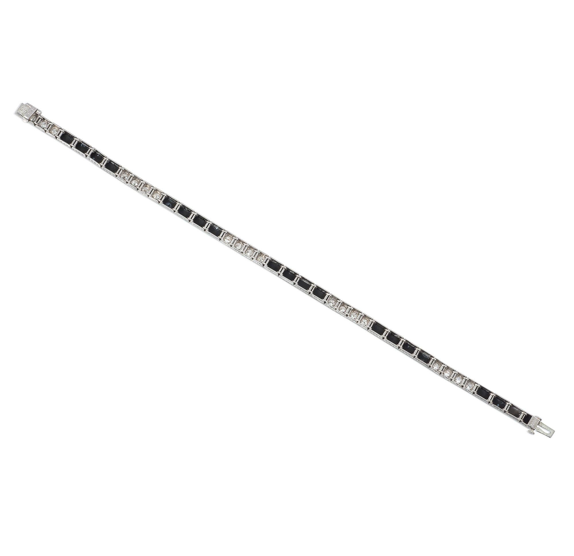 French Cut J.E Caldwell Art Deco Onyx and Diamond Line Bracelet For Sale