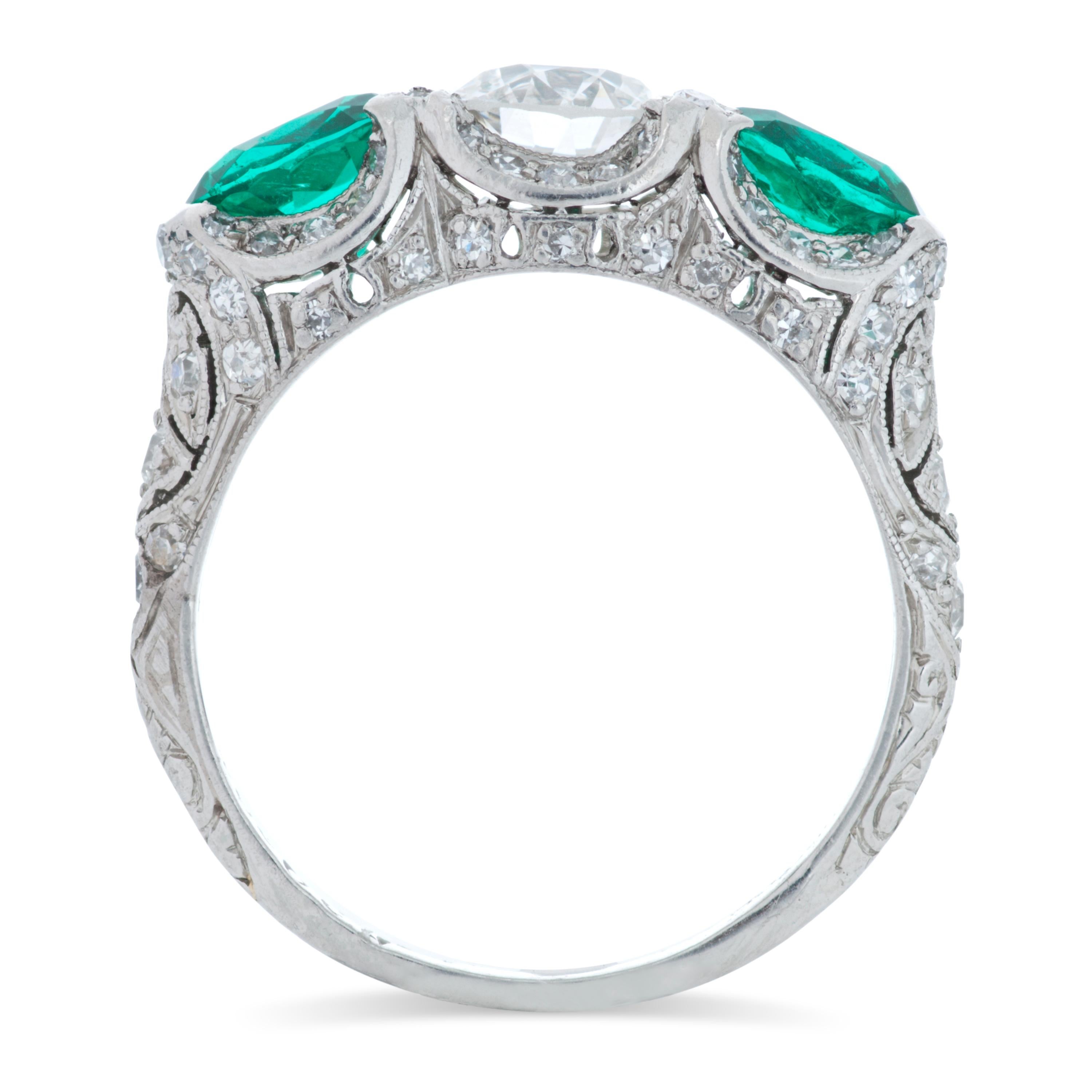 Old European Cut J.E. Caldwell Art Deco Platinum 1.37 Carat Emerald + 0.84 Carat OEC Diamond Ring For Sale