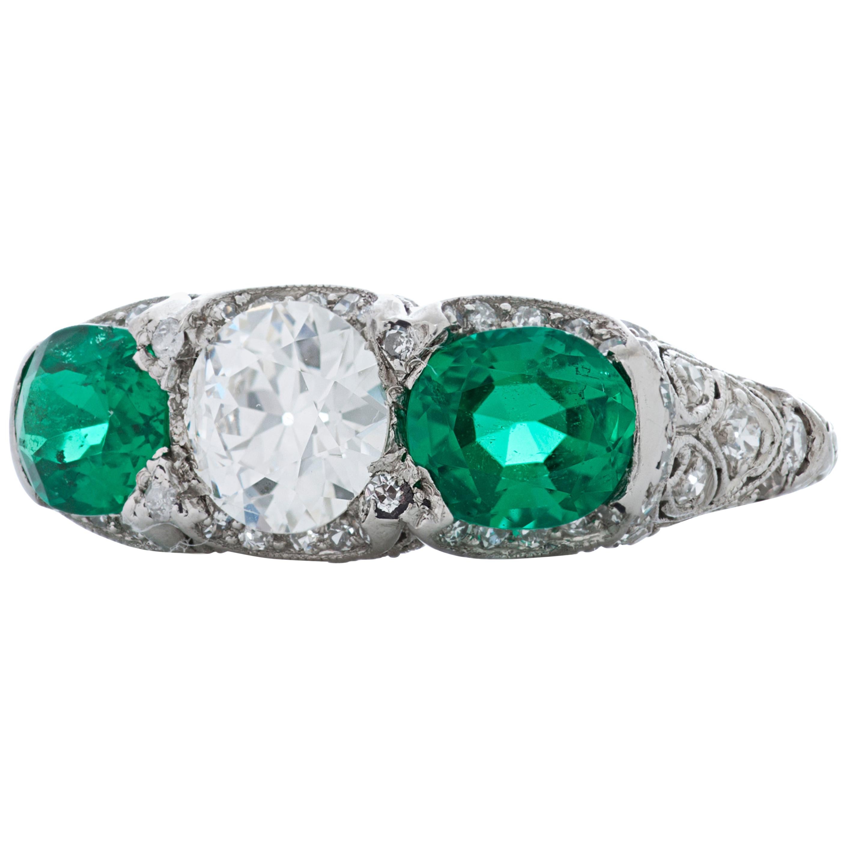 J.E. Caldwell Art Deco Platinum 1.37 Carat Emerald + 0.84 Carat OEC Diamond Ring