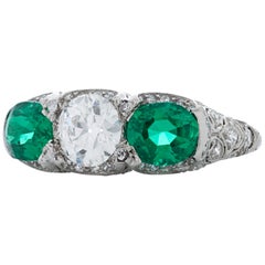 Antique J.E. Caldwell Art Deco Platinum 1.37 Carat Emerald + 0.84 Carat OEC Diamond Ring