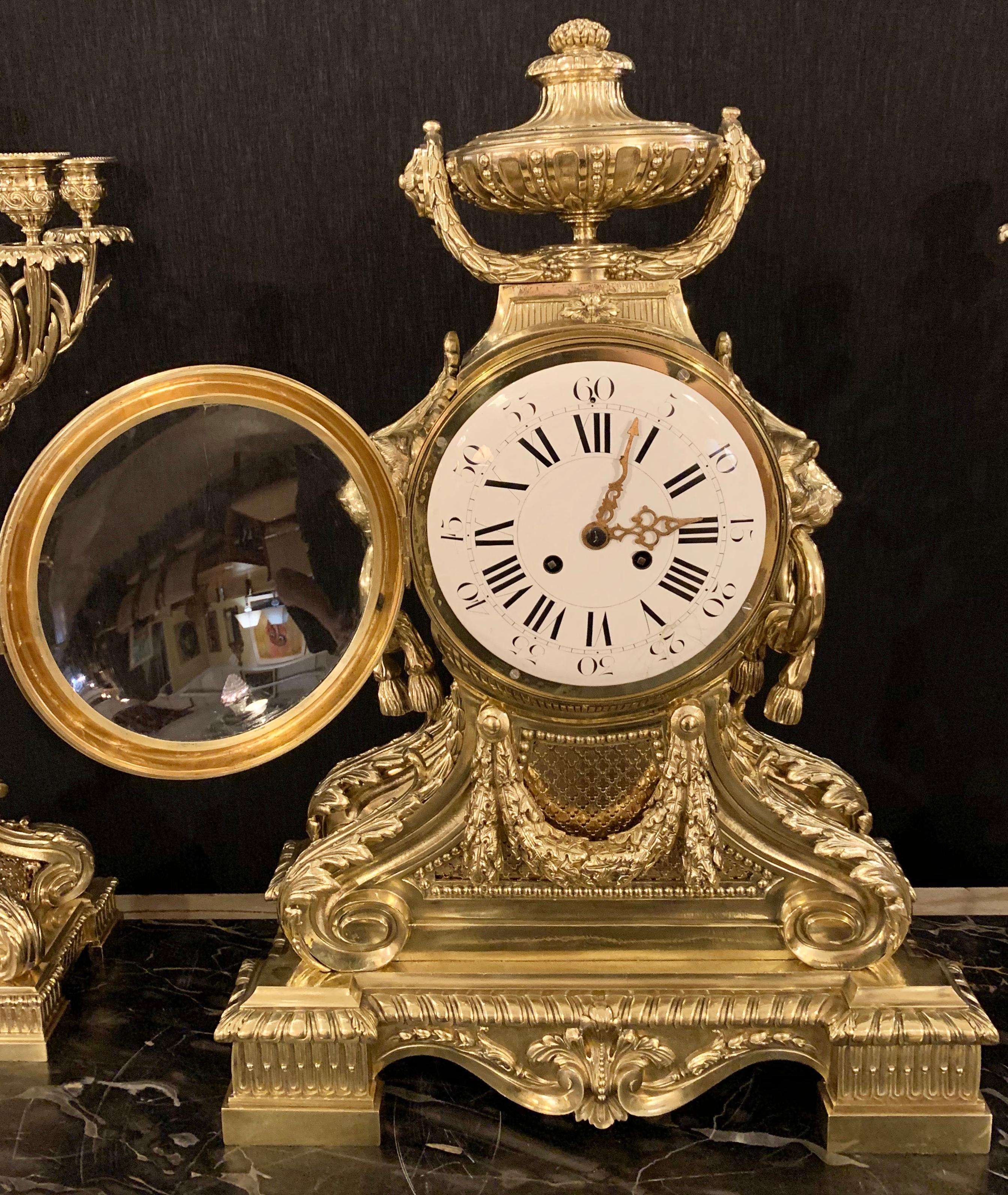 J.E. Caldwell Bronze Louis XVI Style Three-Piece Garniture Clock Set, Palatial 10