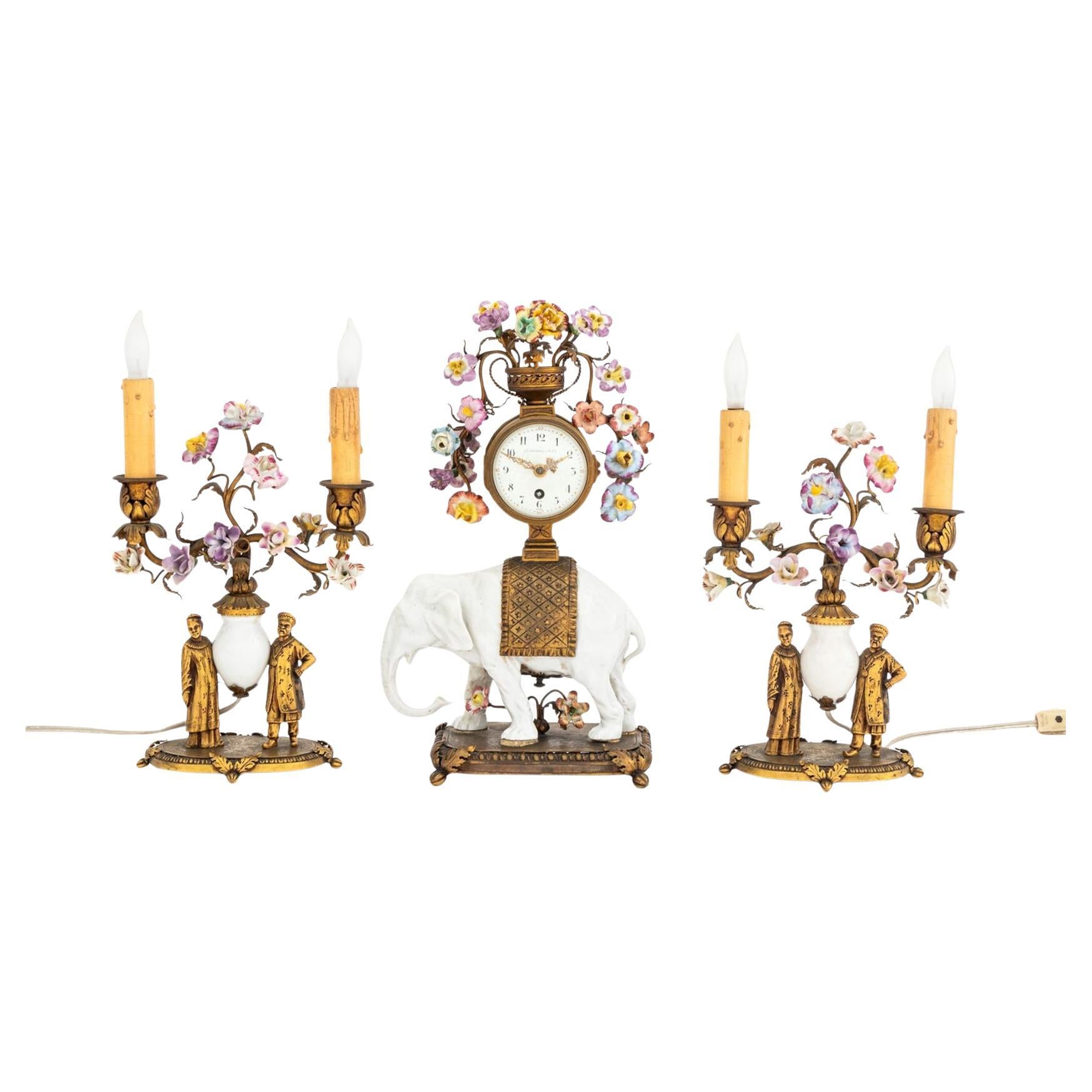 J.E. Caldwell Bronze & Porcelain Clock Set, 3 For Sale