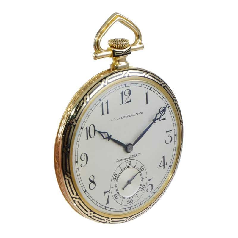 J.E. Caldwell by I.W.C. 18Kt Yellow Gold Open Faced Art Deco Pocket Watch, 1930s In Excellent Condition For Sale In Long Beach, CA