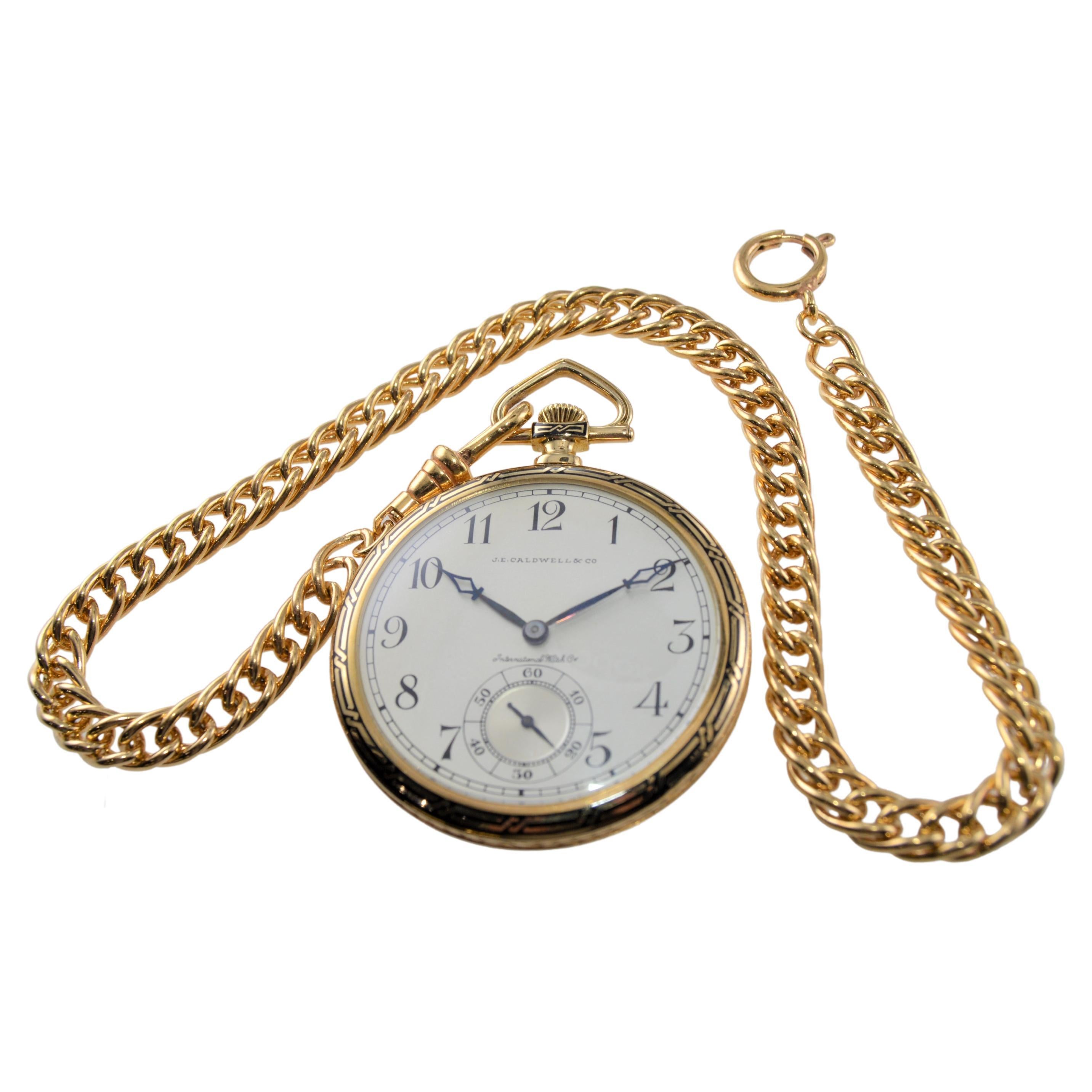 J.E. Caldwell by I.W.C., 18 Karat Gelbgold-Taschenuhr mit offenem Zifferblatt im Art déco-Stil, 1930er Jahre