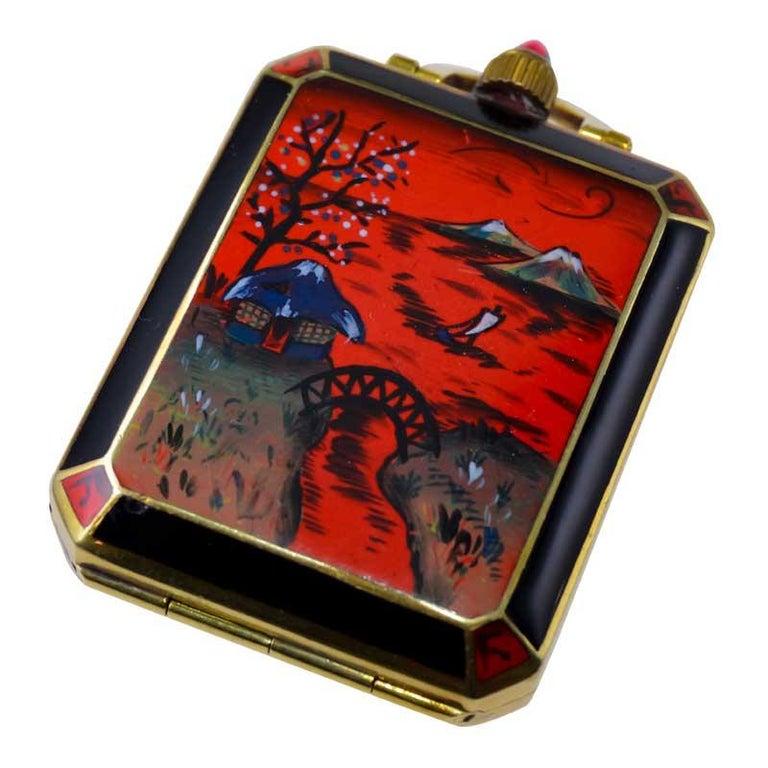 J.E. Caldwell by Mimo Deco Asian Themed Enameled Pocket Desk Clock circa 1930's For Sale 4