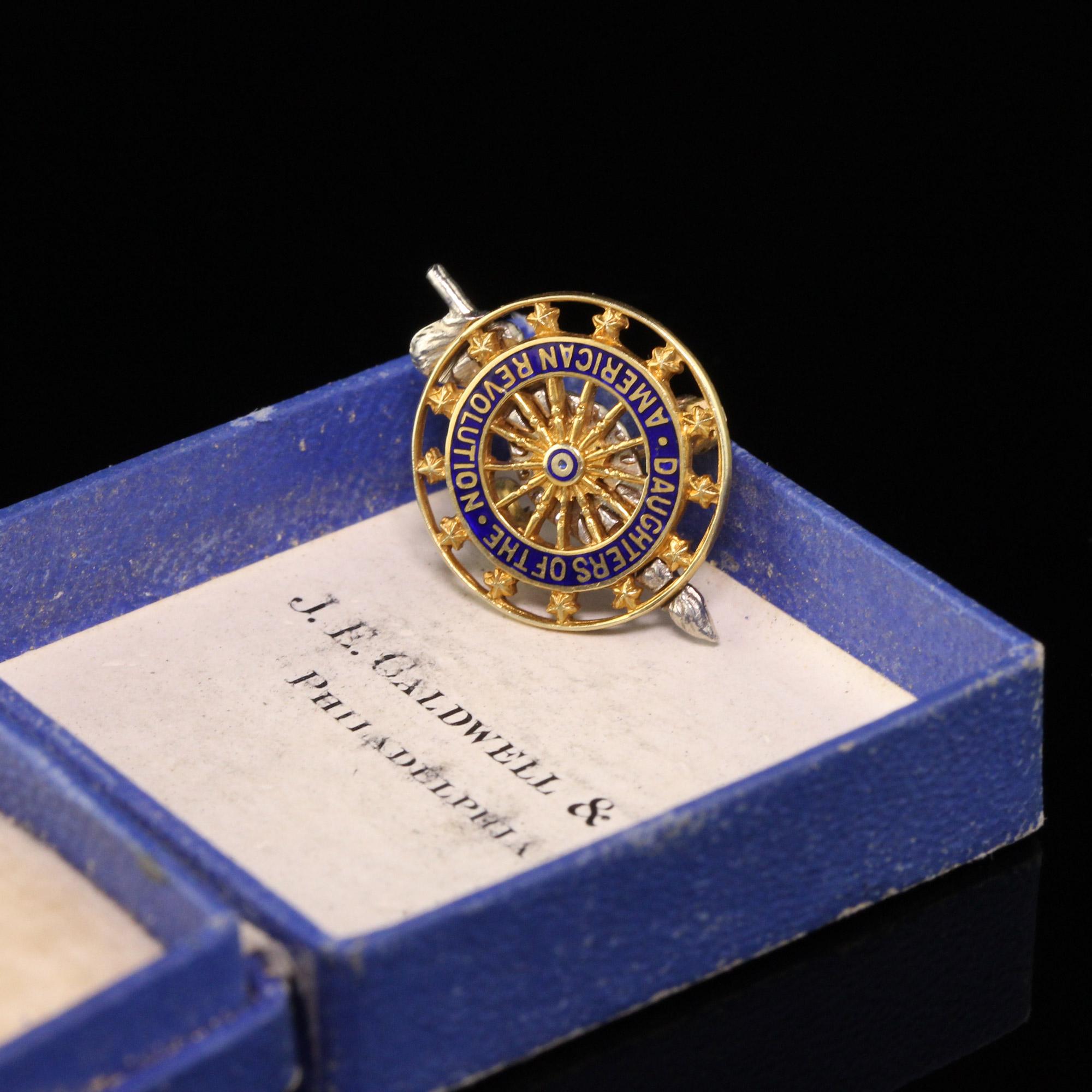 Gorgeous J.E. Caldwell & Co Antique 14K Yellow Gold Enamel Daughters of the Revolution Pin. This pin is in great condition and has all the hallmarks of J.E. Caldwell including its original box.

Item #P0105

Metal: 14K Yellow Gold and White
