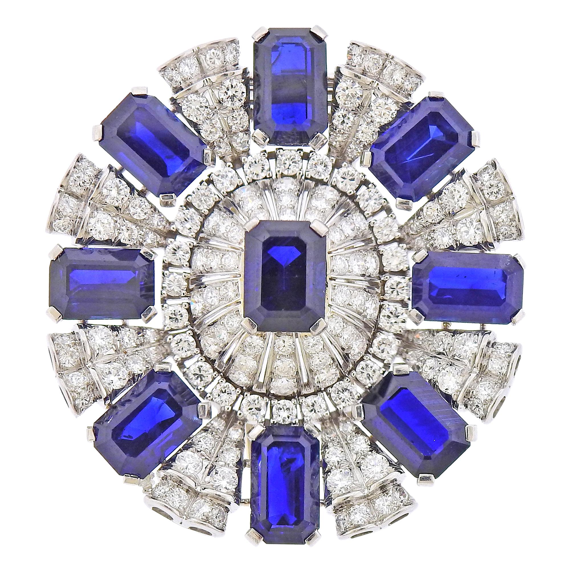 J.E. Caldwell & Co Art Deco 22.50 Carat Sapphire Diamond Platinum Brooch For Sale
