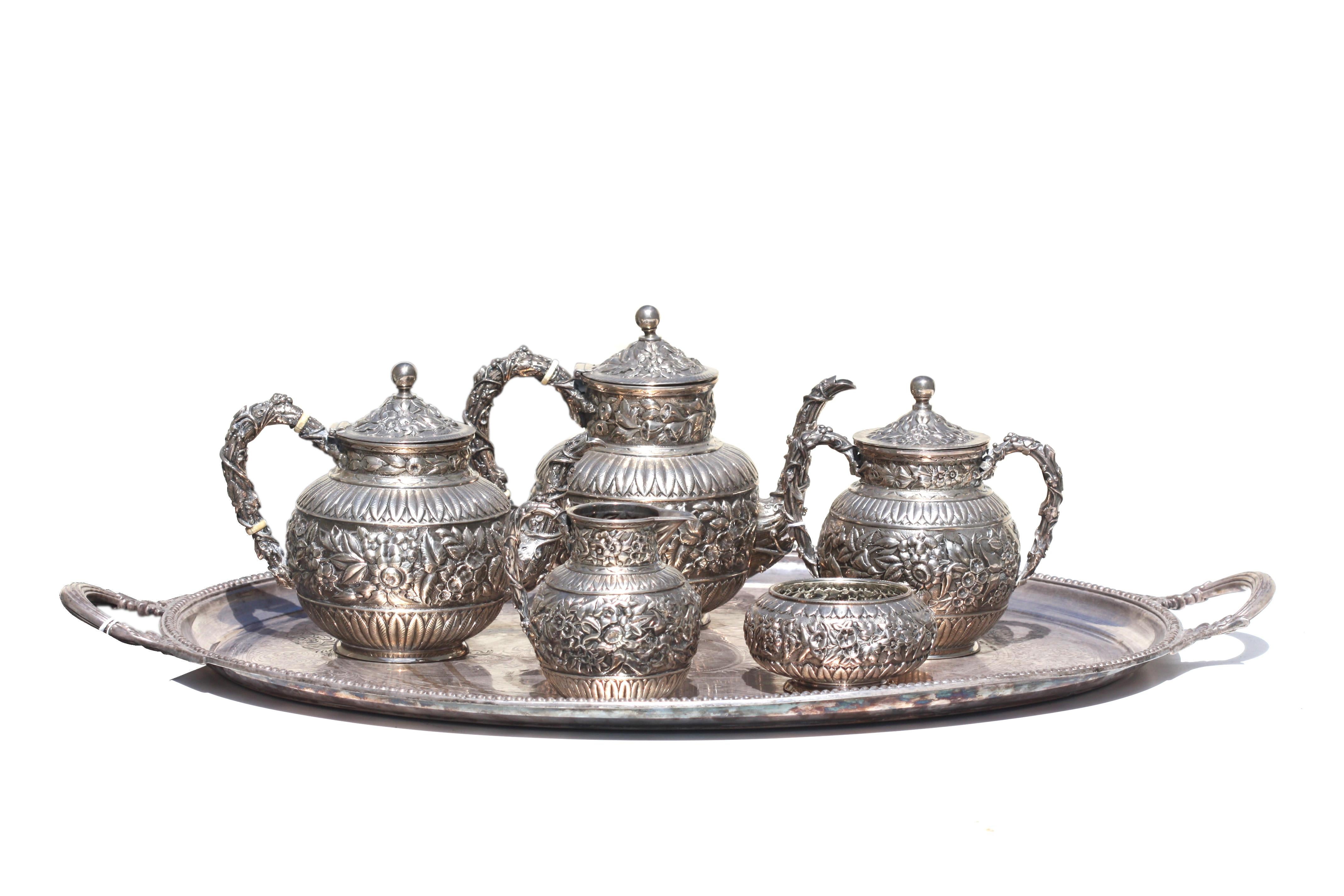 J.E. Caldwell & Co., Silver Five-Piece Tea & Coffee Service, Elkington platter For Sale 4