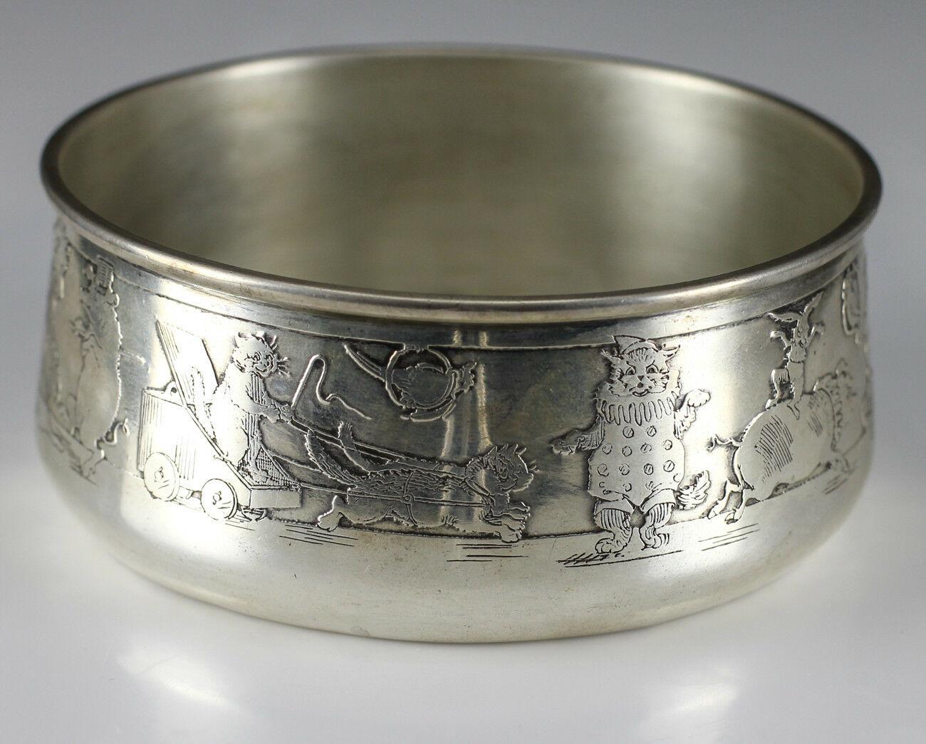 J.E. Caldwell & Co. Sterling Silver Child's Bowl w/ Saucer Circus Animals, 1950s In Good Condition For Sale In Gardena, CA