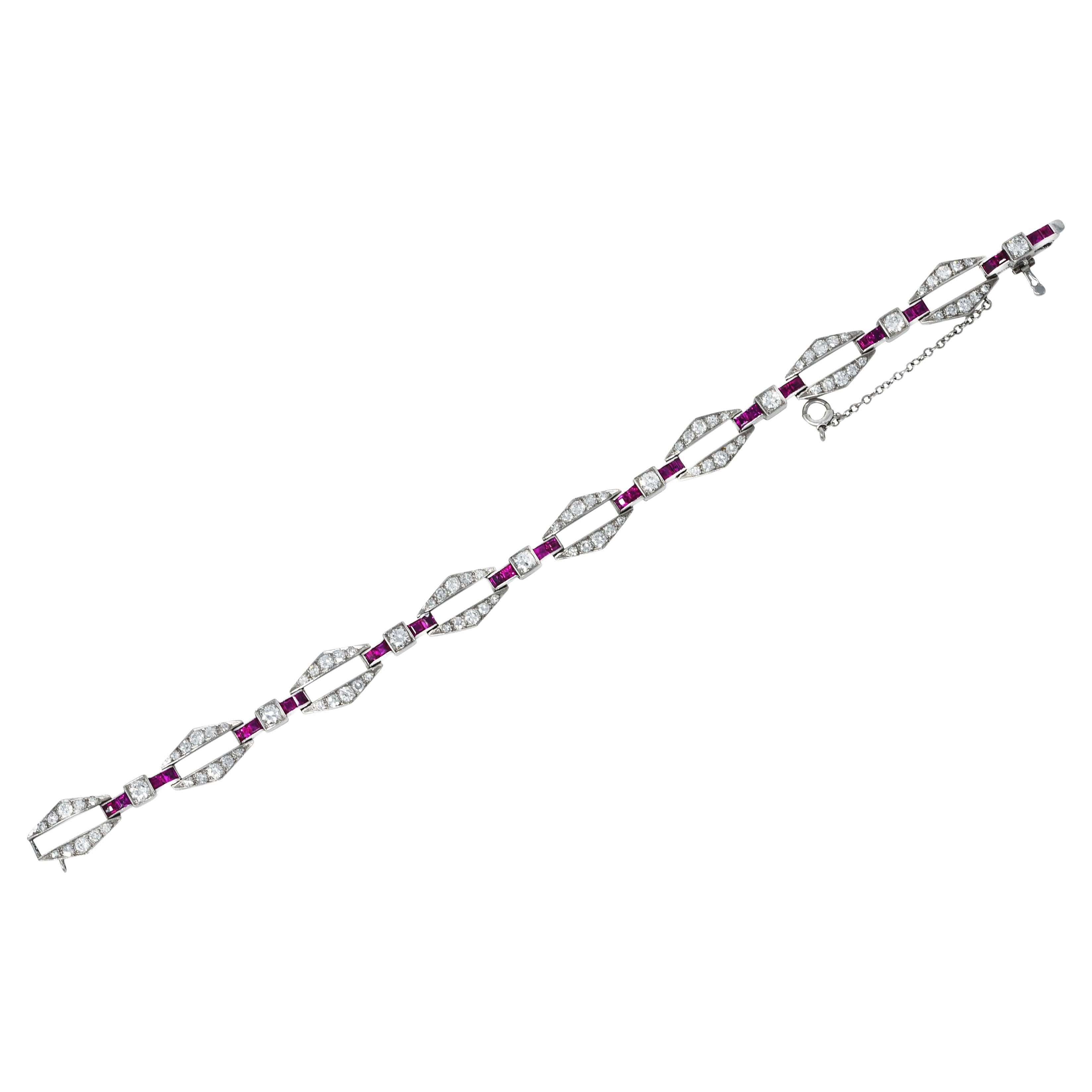 Bracelet is comprised of stylized hexagonal links alternating with square form links

Bead set throughout by transitional and single cut diamonds

Weighing in total approximately 2.50 carats with G to J color and VS to SI clarity

Square forms are