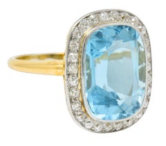 J.E. Caldwell Edwardian Large Aquamarine Diamond Platinum-Topped Cluster Ring
