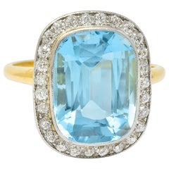 J.E. Caldwell Edwardian Large Aquamarine Diamond Platinum-Topped Cluster Ring