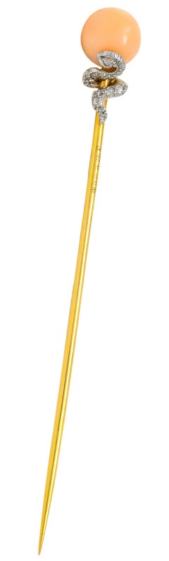 J.E. Caldwell Edwardian Pink Coral Diamond Platinum 14 Karat Gold Snake Stickpin