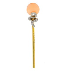 Antique J.E. Caldwell Edwardian Pink Coral Diamond Platinum 14 Karat Gold Snake Stickpin