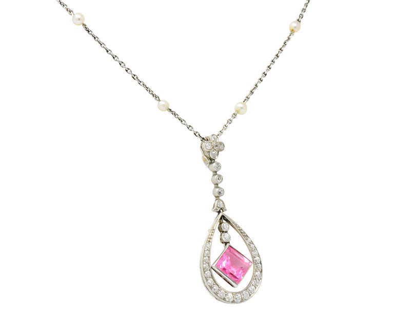 J.E. Caldwell Edwardian Pink Tourmaline Diamond Pearl Platinum Pendant ...