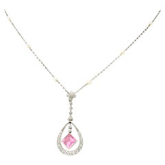 Antique J.E. Caldwell Edwardian Pink Tourmaline Diamond Pearl Platinum Pendant Necklace