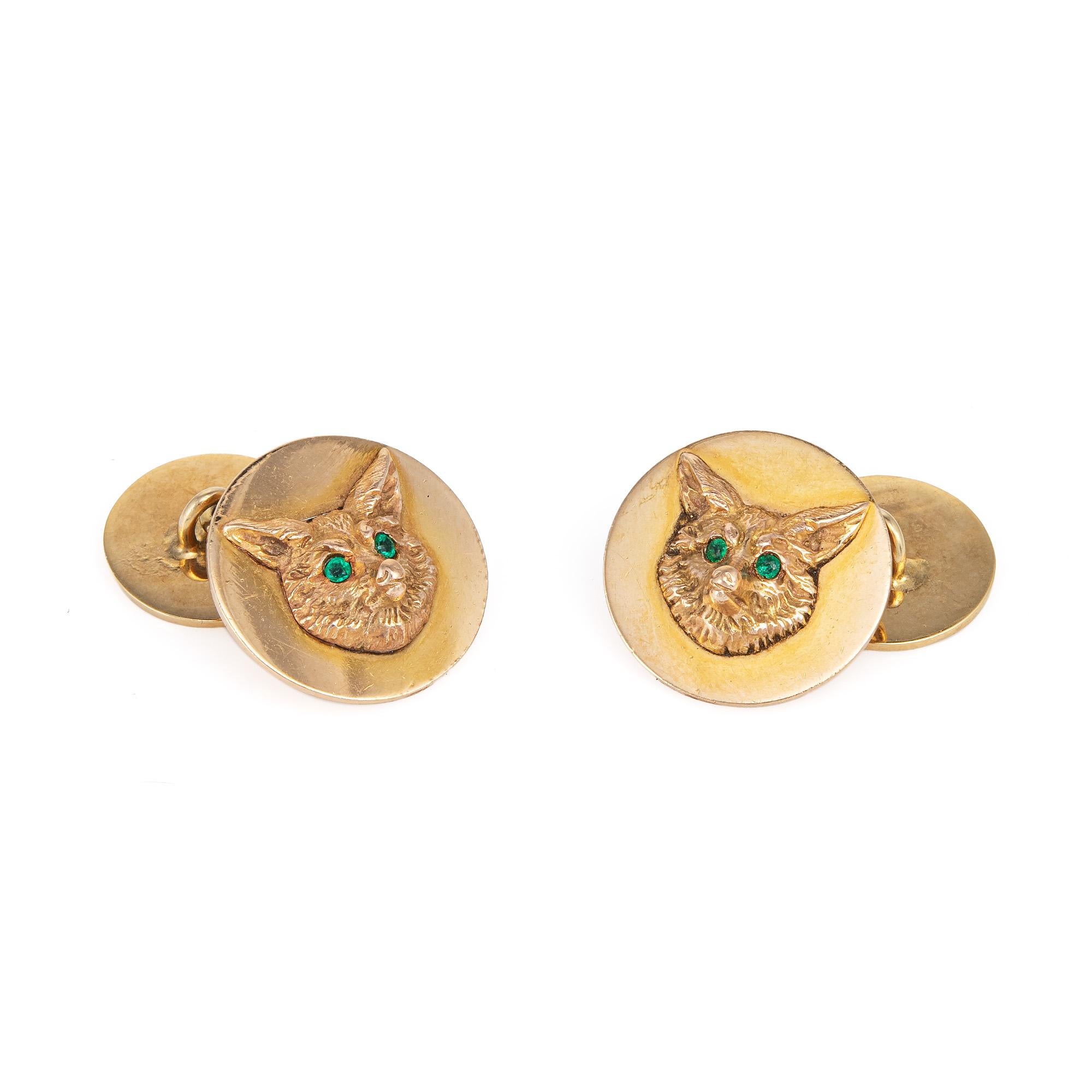 Finely detailed pair of vintage J.E. Caldwell cufflinks (circa 1920s to 1930s), crafted in 14k yellow gold. 

Emeralds are set into the eyes and total an estimated 0.04 carats.

The cufflinks are made by JE Caldwell, the famed American jewelry