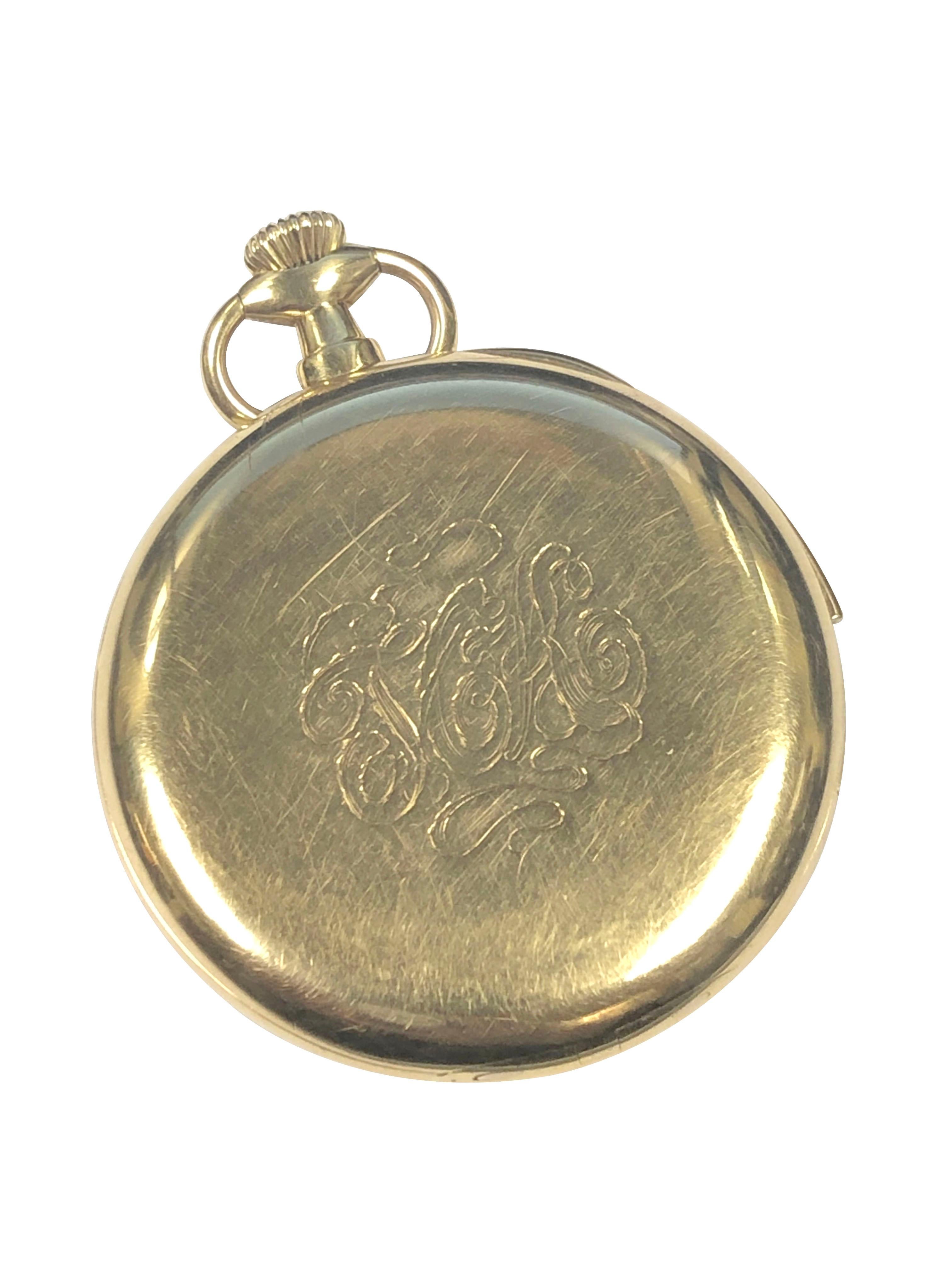 Circa 1910 J. E. Caldwell Minute Repeater Pocket Watch, 47 M.M. 18K Yellow Gold 3 piece case with Gold inside dust cover. Matt Gold dial with Engine turned center and a sub seconds chapter. High Grade, Highly Jeweled movement possibly Meylan or