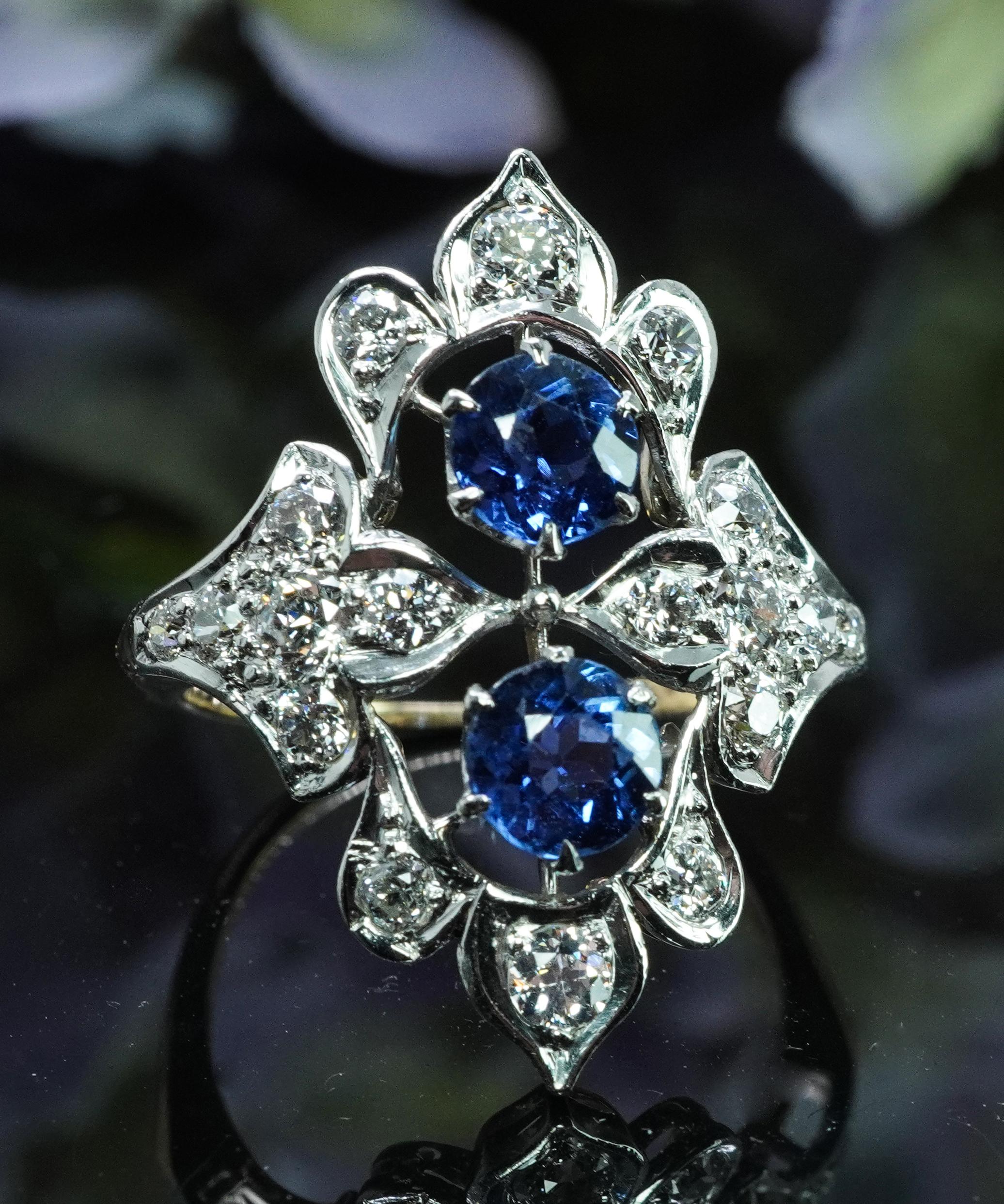 Taille vieille Europe JE Caldwell JEC Édouardien saphir naturel 14 diamants européens anciens en vente