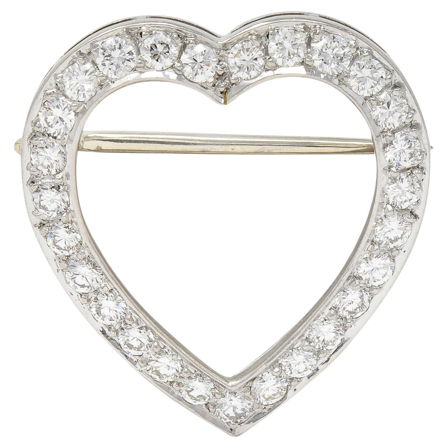 J.E. Caldwell Mid-Century 1.08 CTW Diamond Platinum Vintage Heart 1950's Brooch