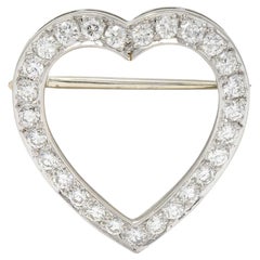 J.E. Caldwell, broche cœur vintage en platine avec diamants 1,08 carat poids total, années 1950