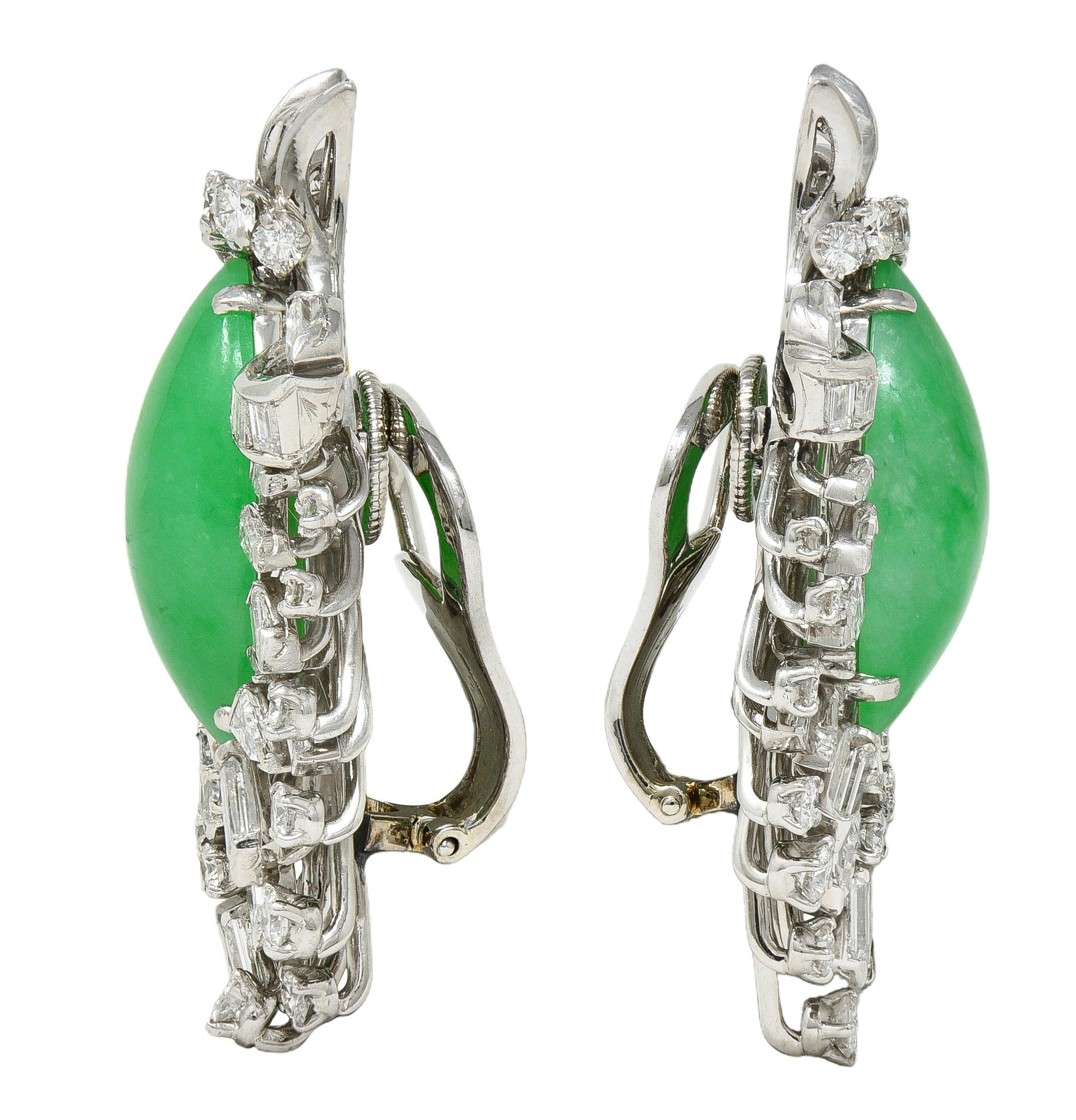 Modern J.E. Caldwell Mid-Century Jade Diamond Platinum Vintage Spray Ear-Clip Earrings For Sale