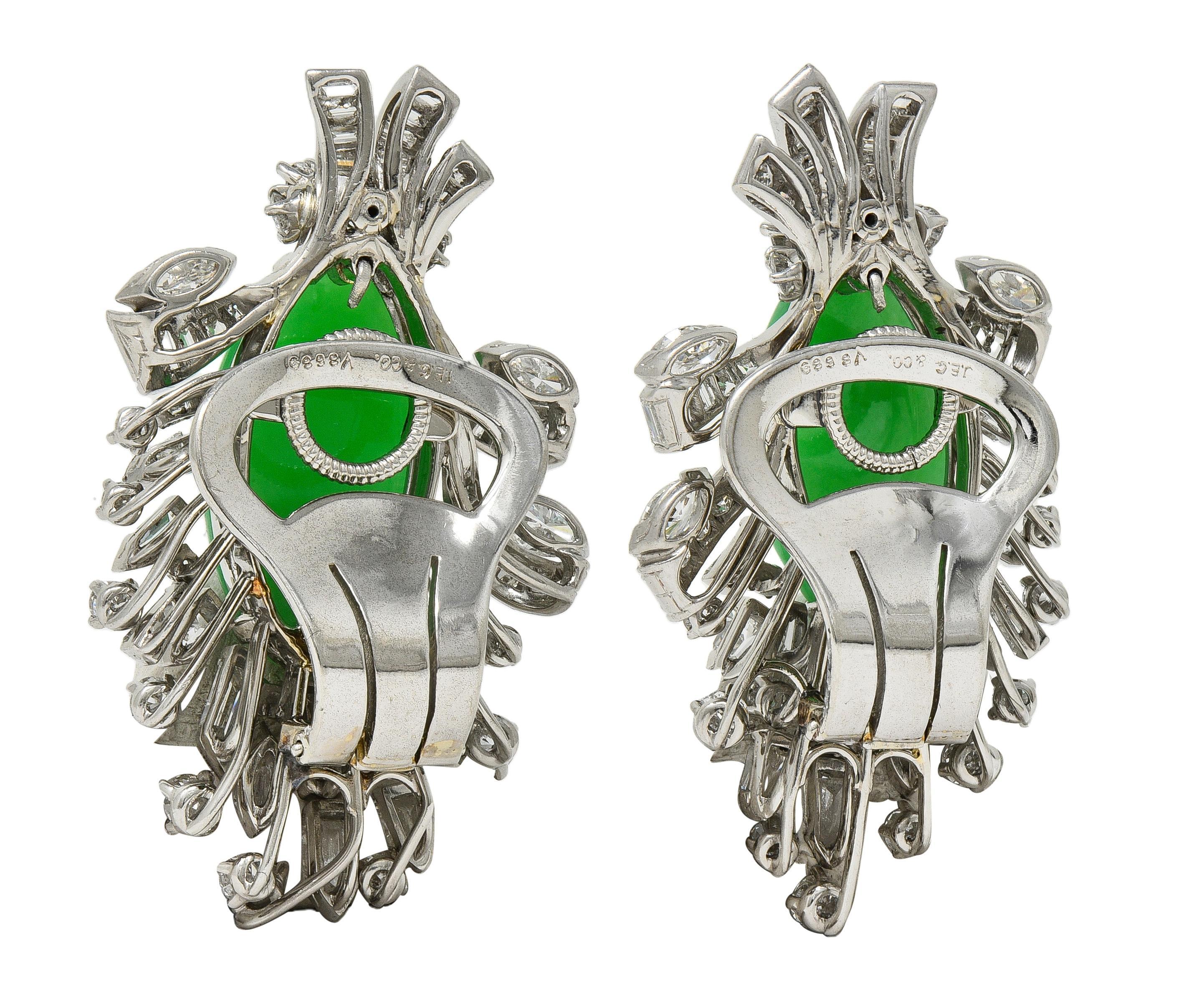 Cabochon J.E. Caldwell Mid-Century Jade Diamond Platinum Vintage Spray Ear-Clip Earrings For Sale