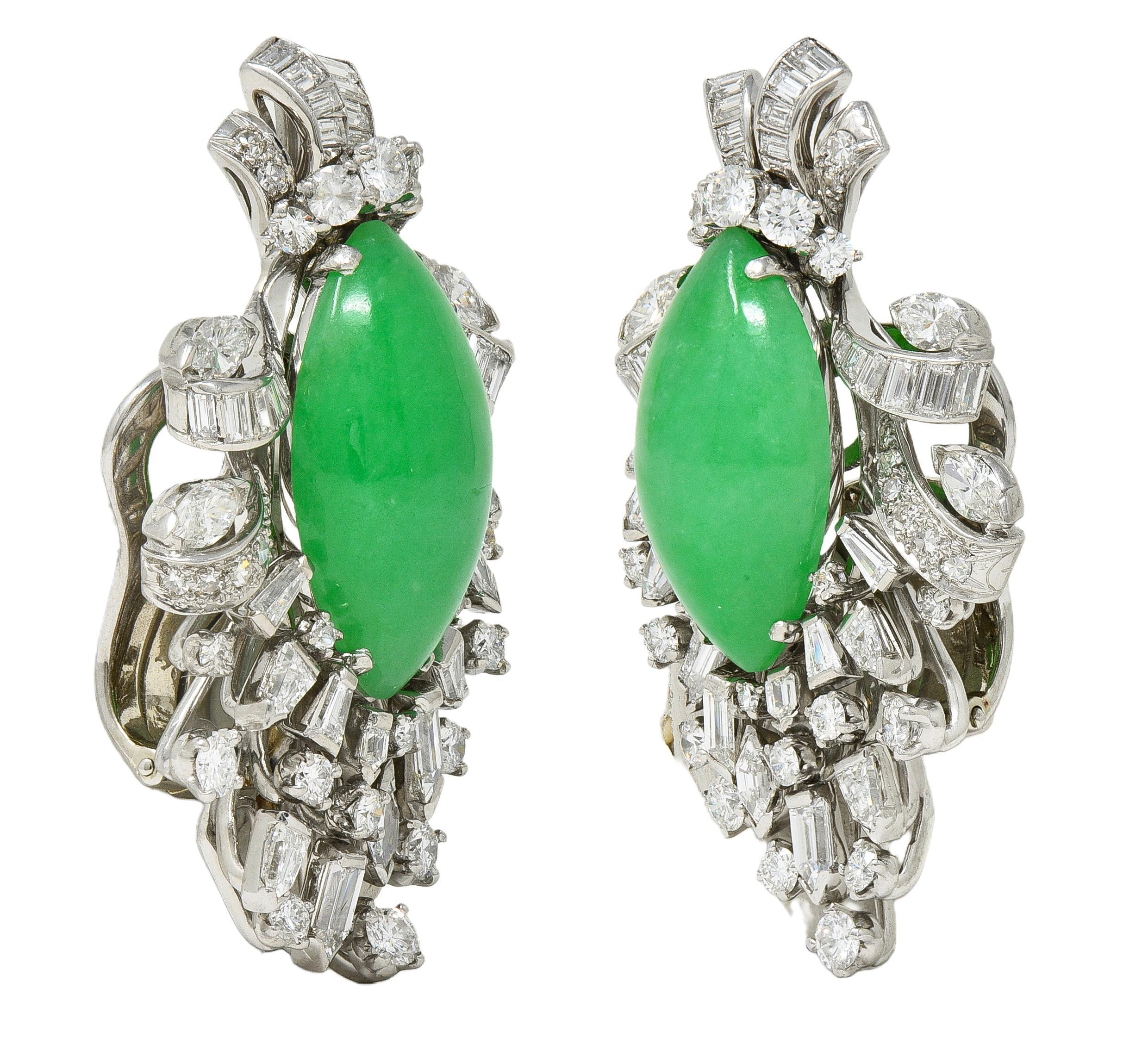 J.E. Caldwell Mid-Century Jade Diamond Platinum Vintage Spray Ear-Clip Earrings For Sale 1