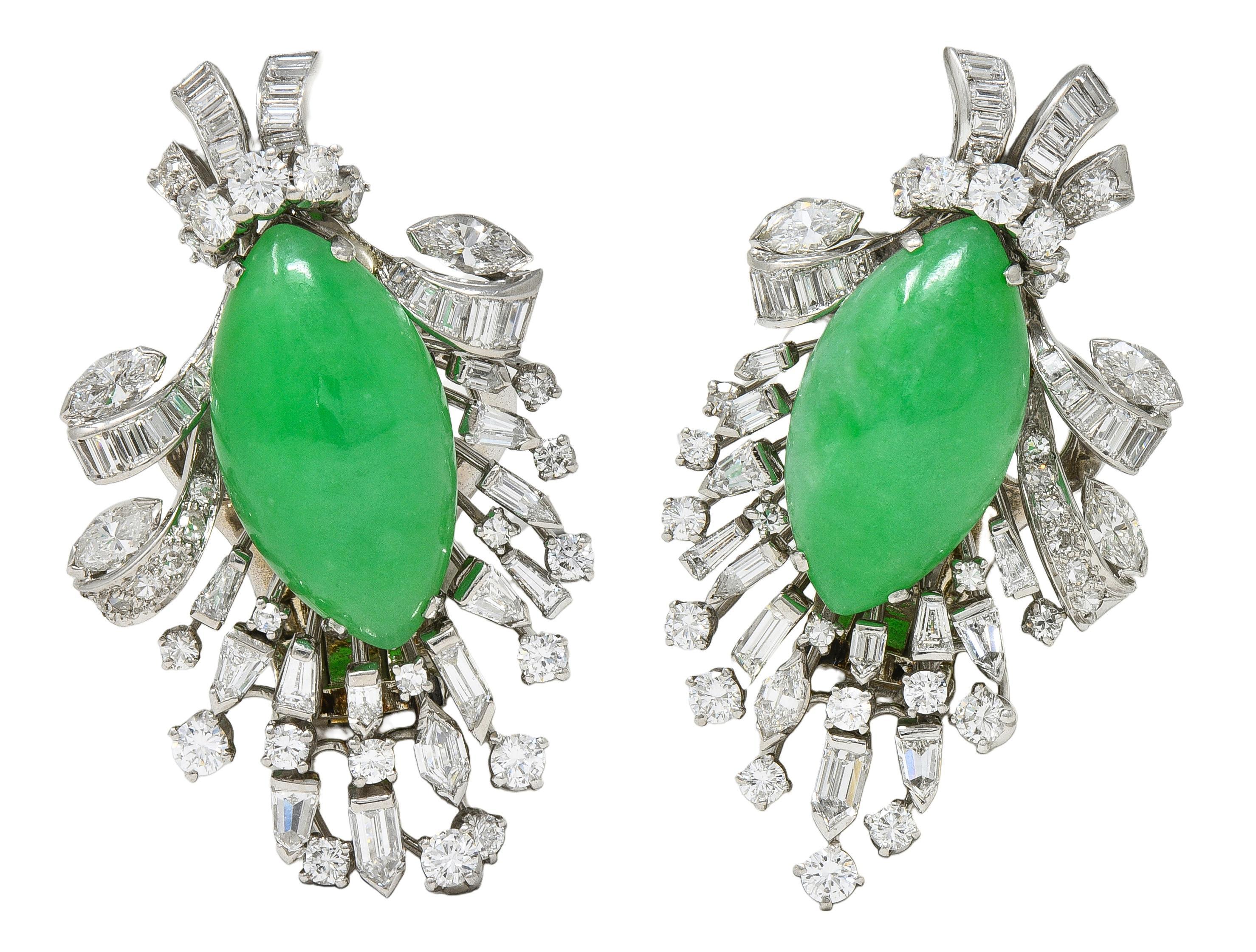 J.E. Boucles d'oreilles Caldwell Mid-Century Jade Diamond Platinum Vintage Spray Ear-Clip